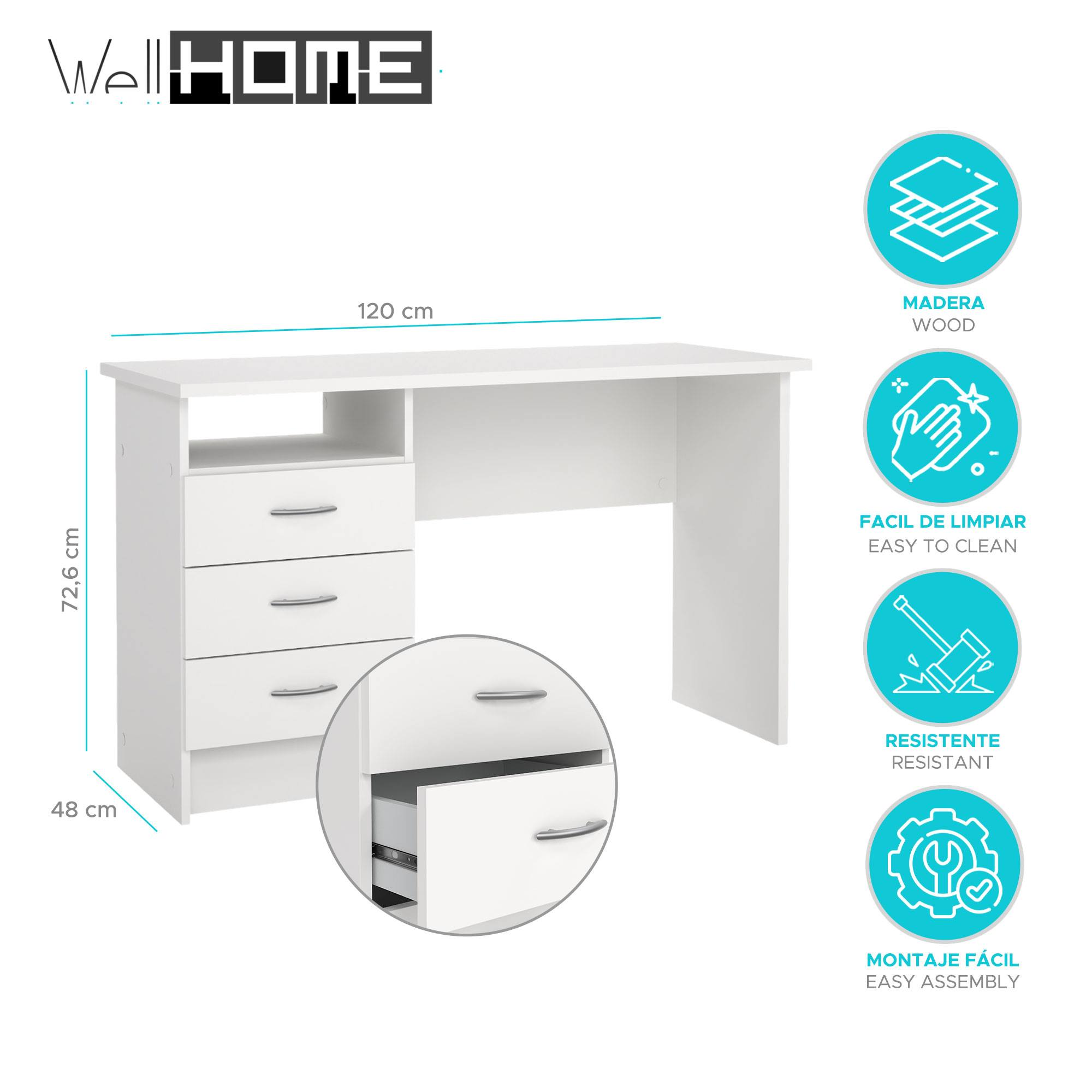 Escritorio blanco con cajones, dimensiones mostradas. Iconos de madera, fácil limpieza, resistente y montaje.