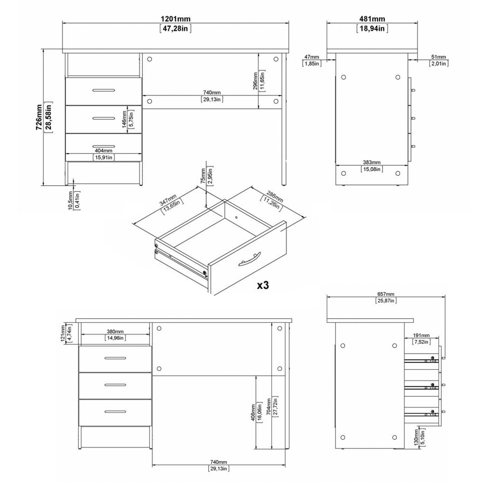 Dibujo técnico de un escritorio, mostrando dimensiones y vistas, incluyendo cajones y medidas generales.