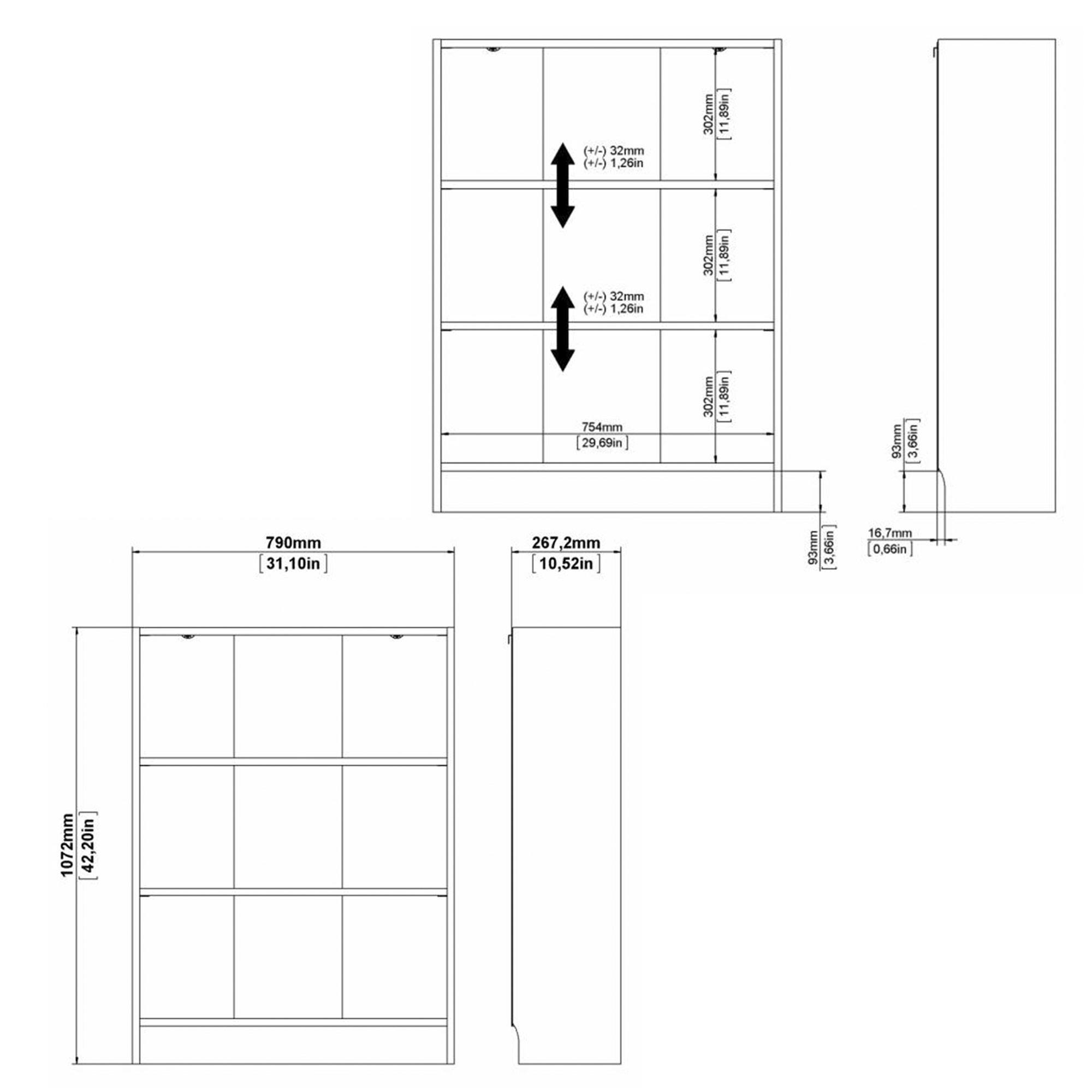 Diagrama de un armario, mostrando dimensiones en mm y pulgadas. Presenta estantes, puertas y vista lateral con medidas etiquetadas.