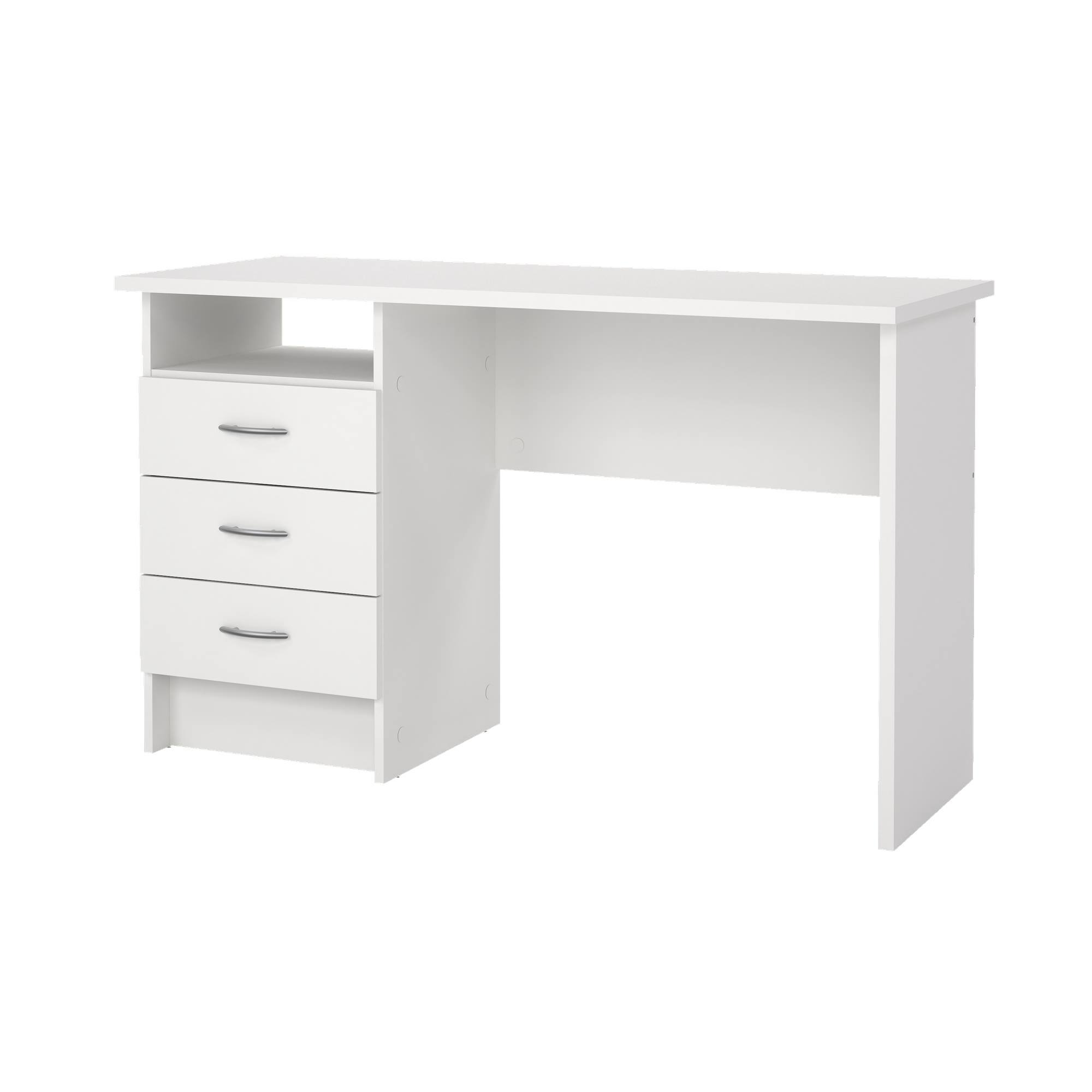 Un escritorio blanco con tres cajones y un estante. El escritorio tiene un diseño limpio y moderno y está sobre un fondo blanco.