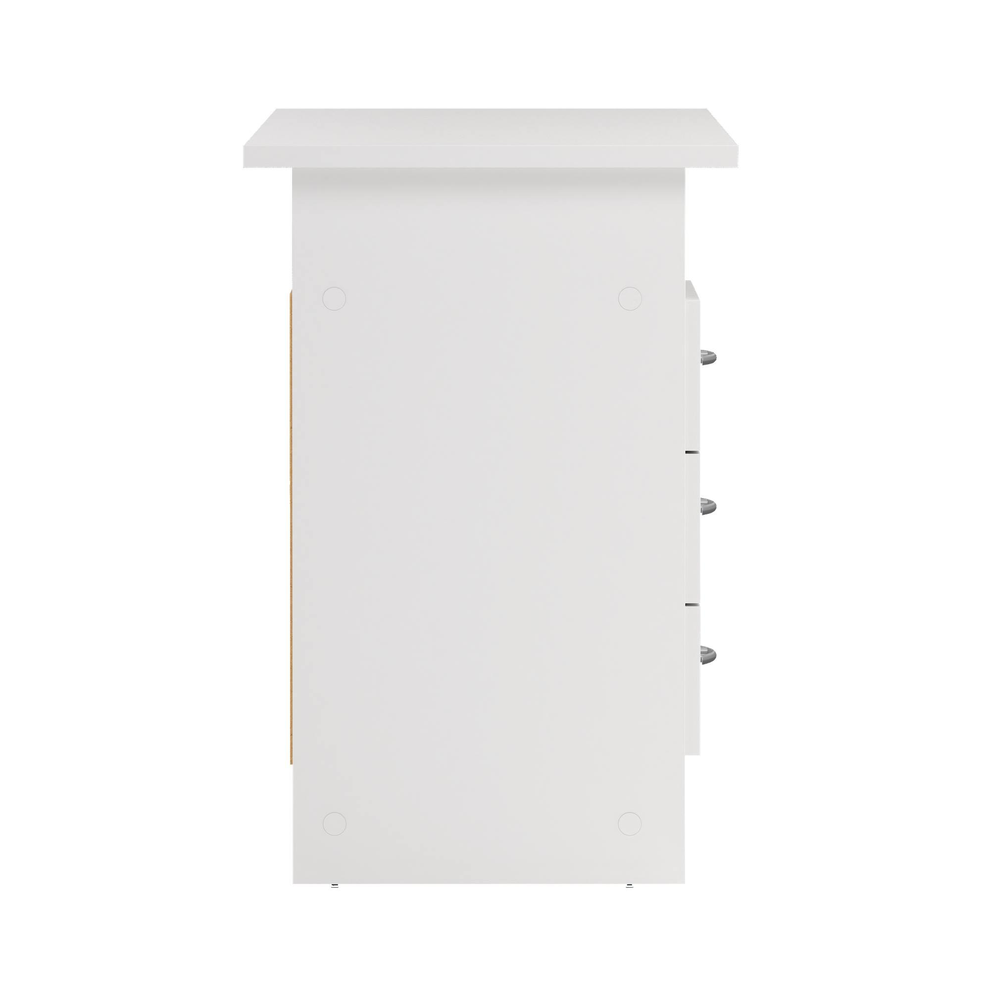 Un gabinete blanco con cuatro cajones, una tapa y un panel lateral. El fondo es blanco.