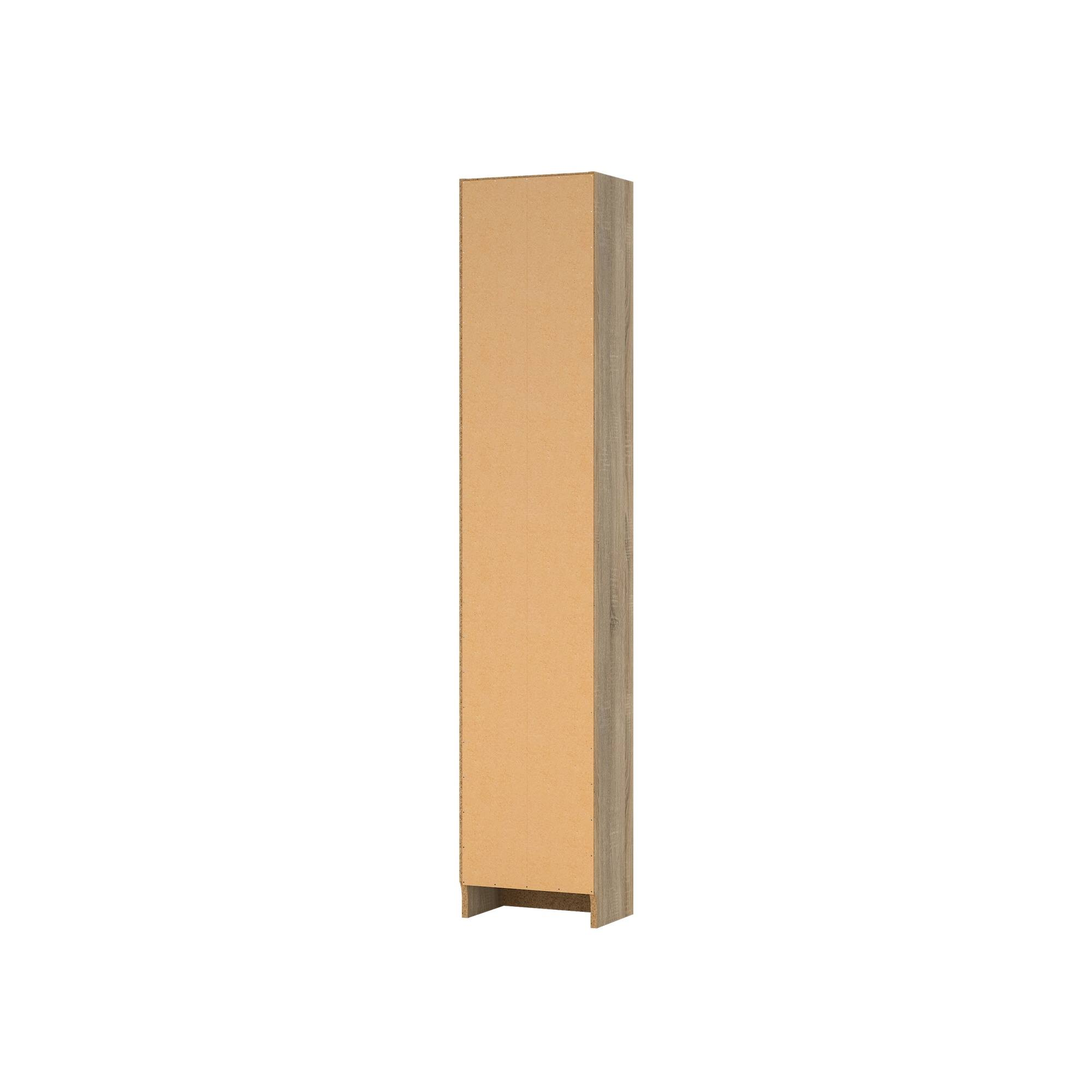 Un armario alto y estrecho sobre fondo blanco. Tiene acabado de veta de madera clara en un lado y parte trasera beige.