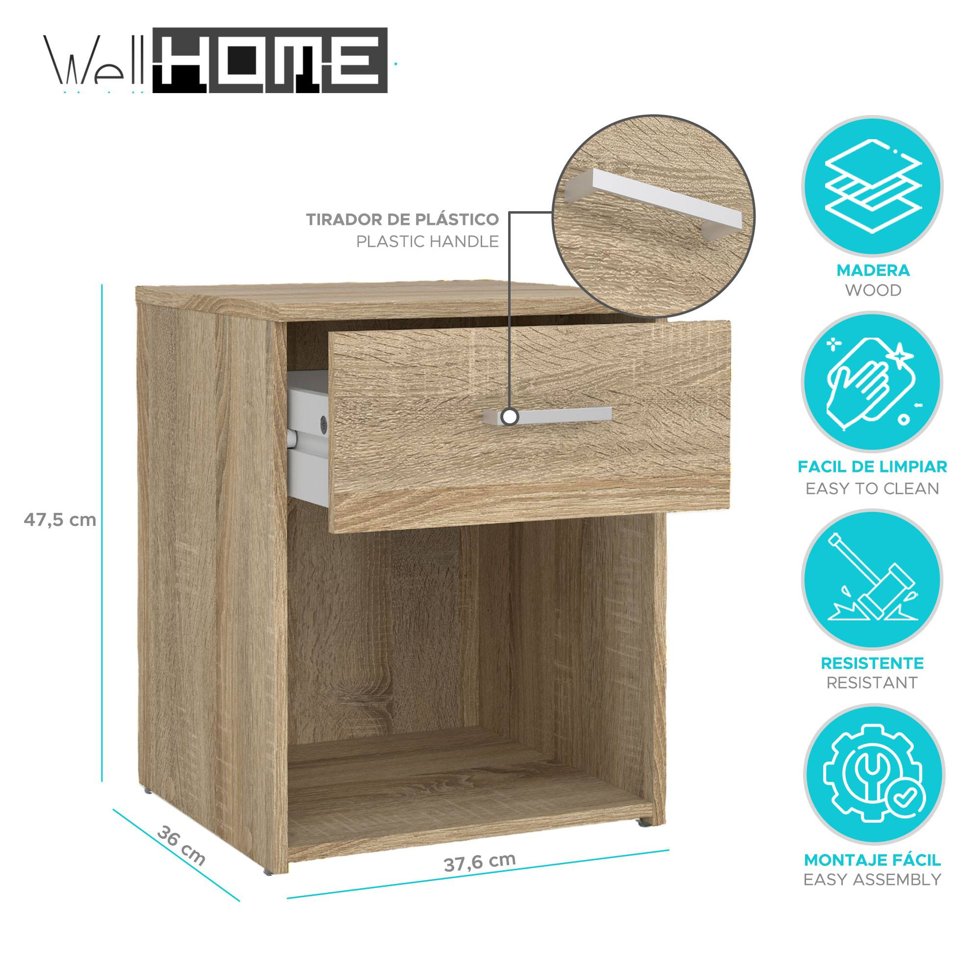 Una mesita de noche de madera con un cajón. Tiene un tirador de plástico. Se muestran las dimensiones. Otros iconos describen características.