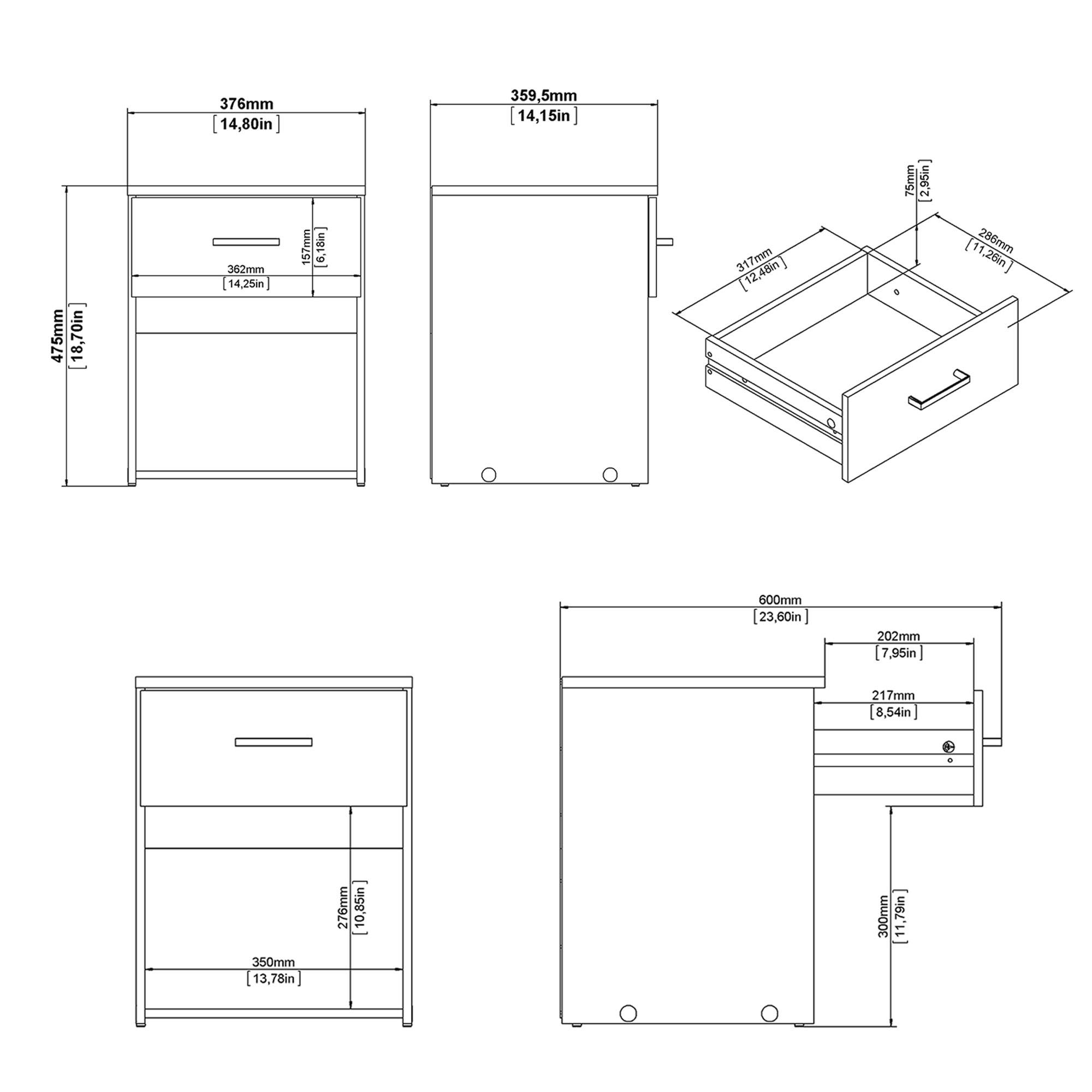 Dibujo técnico de muebles con dimensiones en mm y pulgadas, mostrando diseños de cajones y armarios.