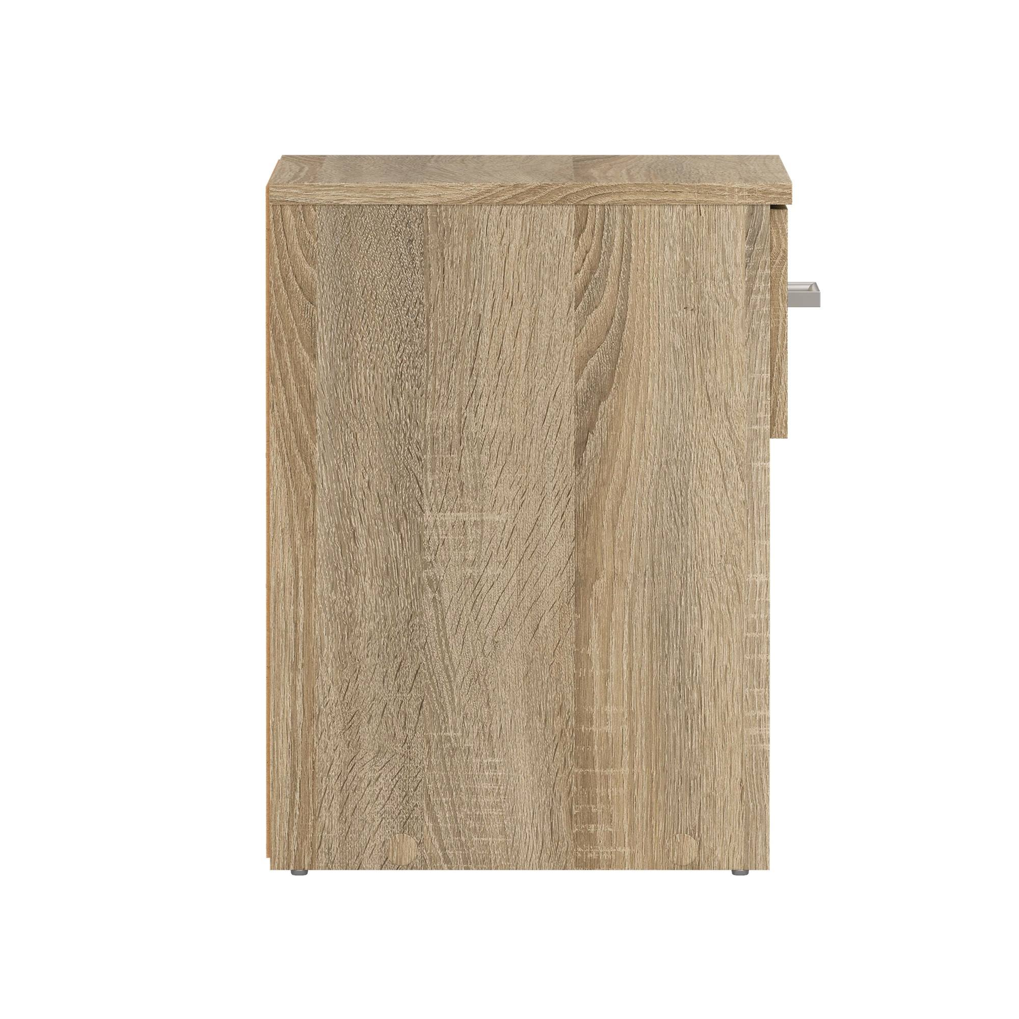 Un armario de madera con un cajón y un tirador plateado. Tiene una textura de veta de madera marrón claro.