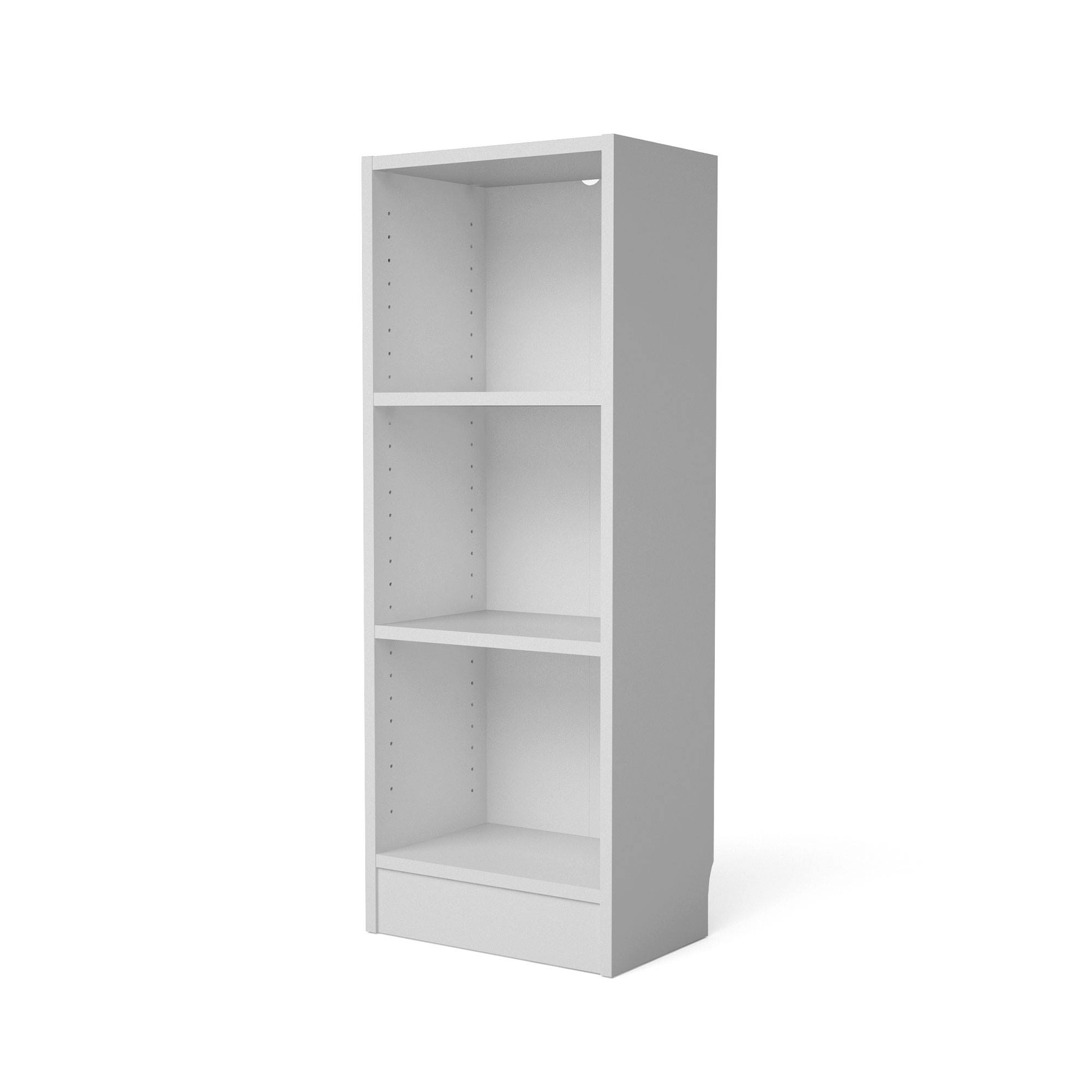 Una estantería blanca de tres estantes con un cajón en la parte inferior, sobre fondo blanco.