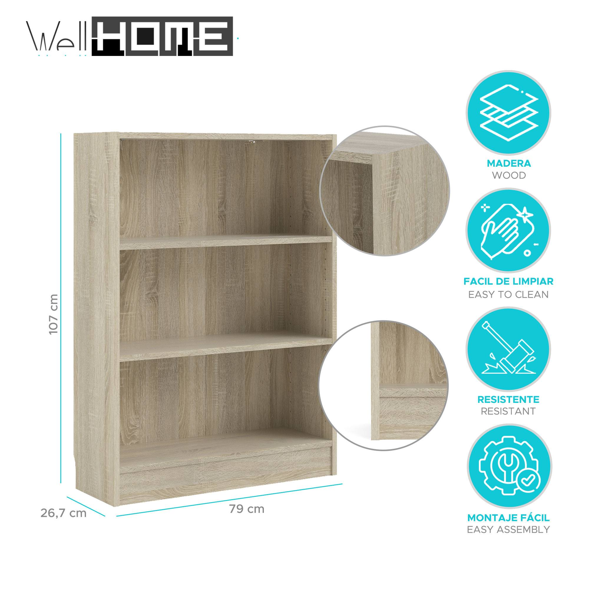 Estantería de madera con tres estantes. Es de color marrón claro y tiene dimensiones en centímetros. Hay iconos que indican características.