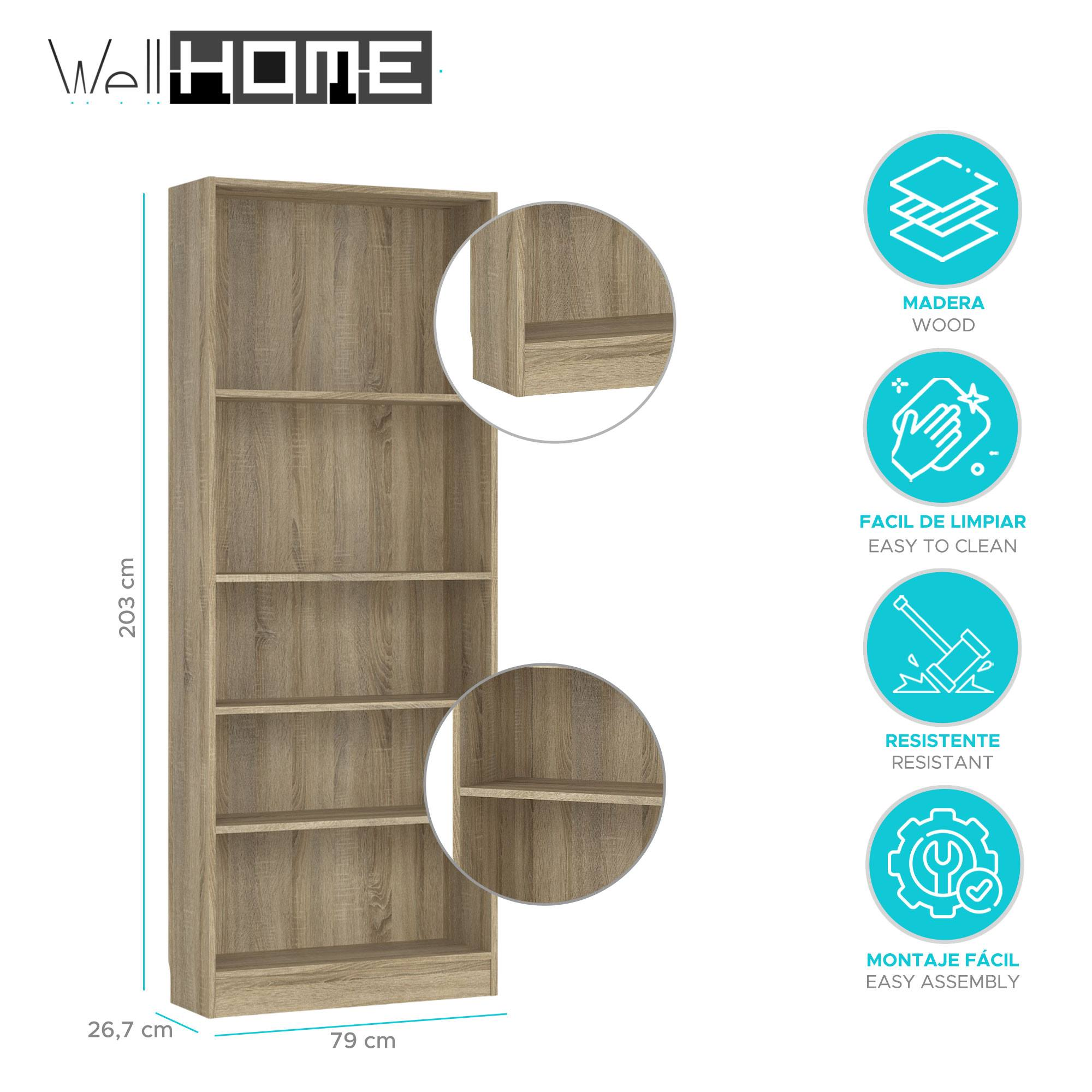 Una estantería alta de madera marrón claro con cinco estantes. Dimensiones en cm. Iconos de madera, fácil limpieza, resistente y montaje.
