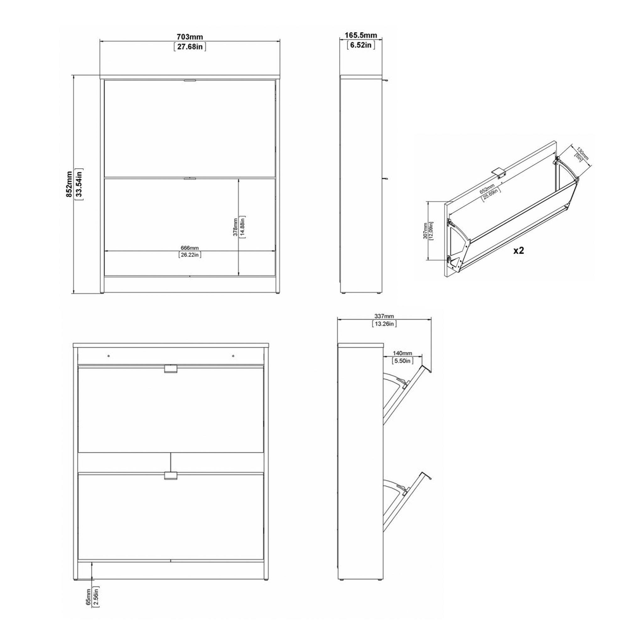 Dibujo técnico de un zapatero con dimensiones en mm y pulgadas. Incluye vistas frontal, lateral y en ángulo.