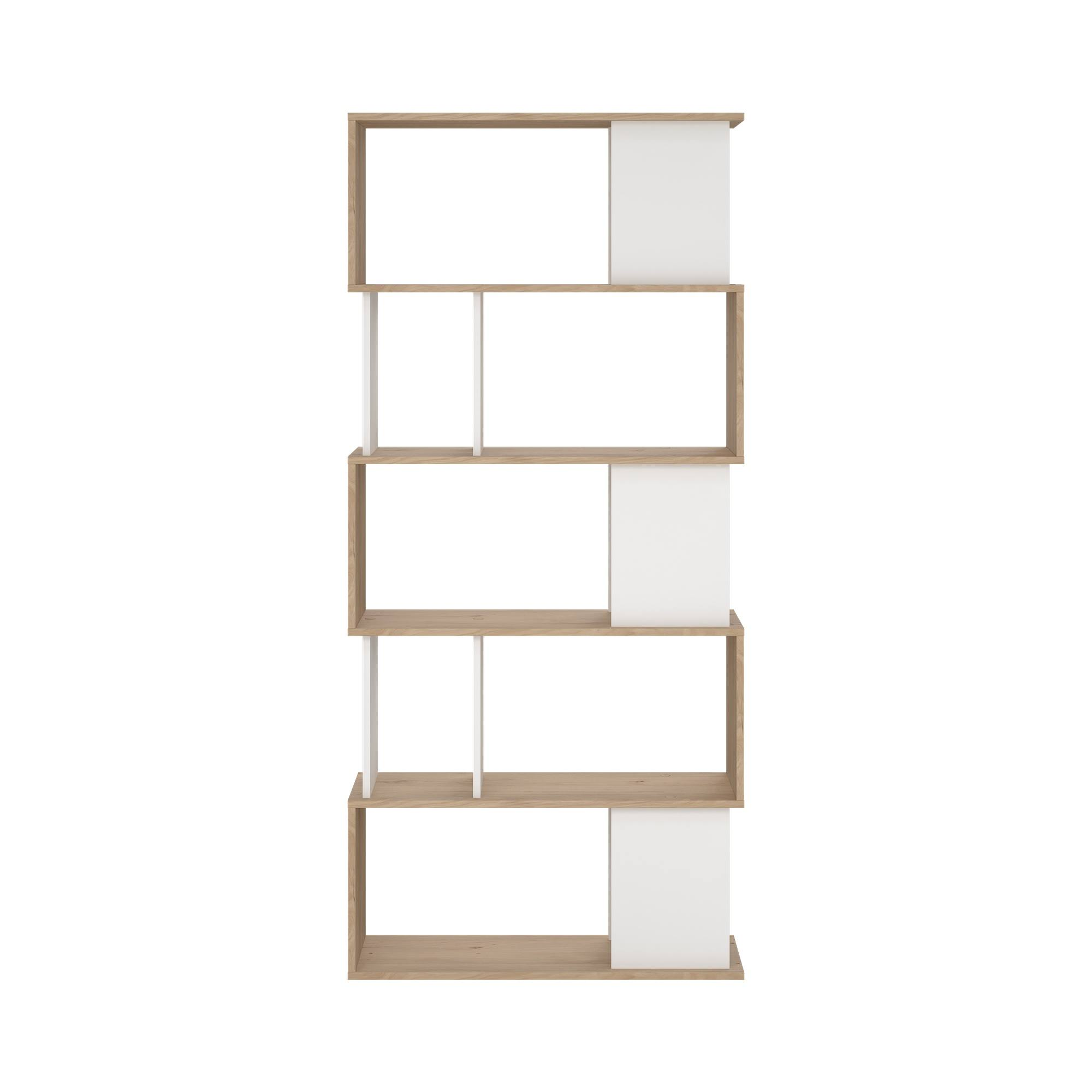 Una estantería moderna con marcos de madera clara, paneles blancos y fondo blanco.