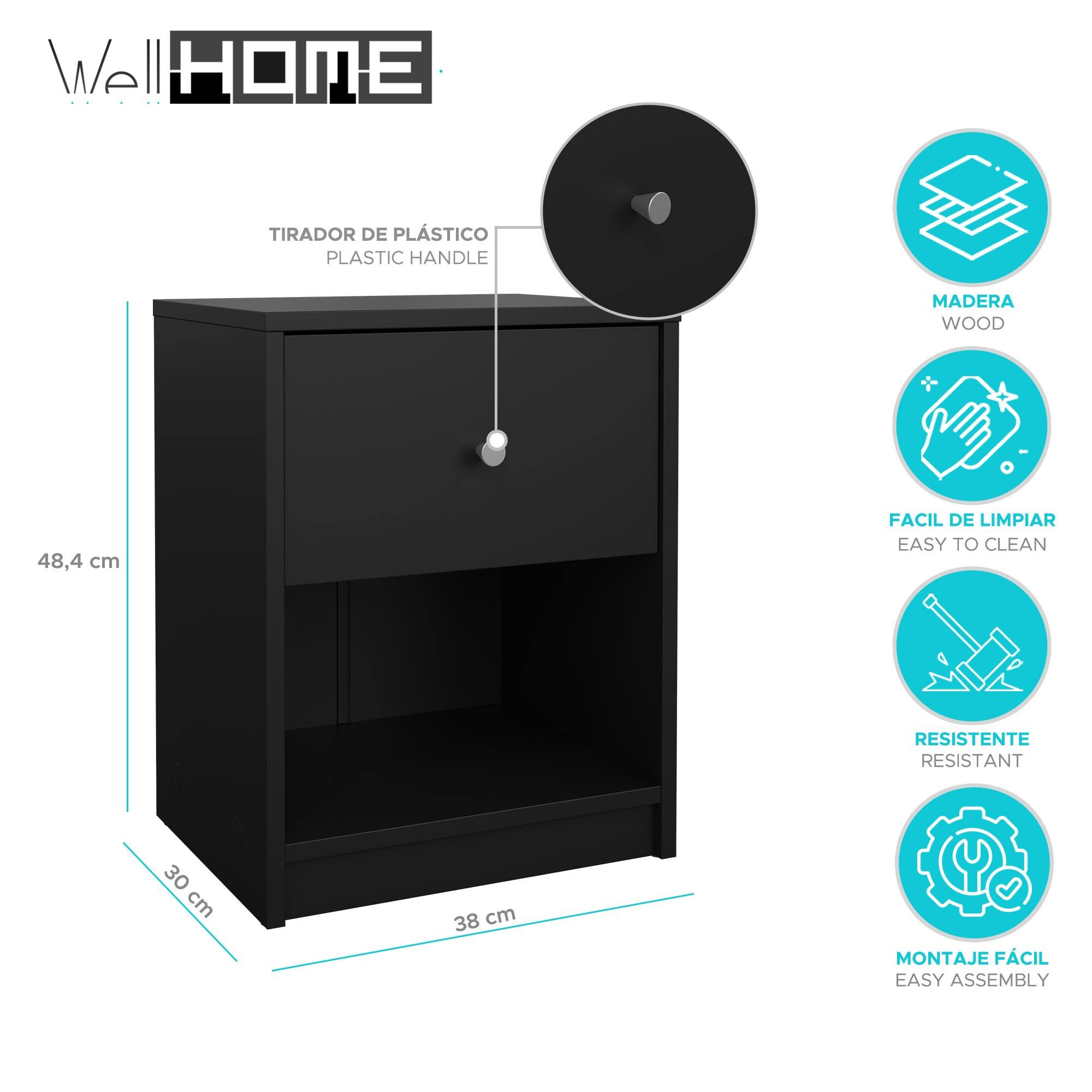 Mesa de noche negra con cajón. Tiene un tirador y dimensiones marcadas. Varios iconos con descripciones a la derecha.