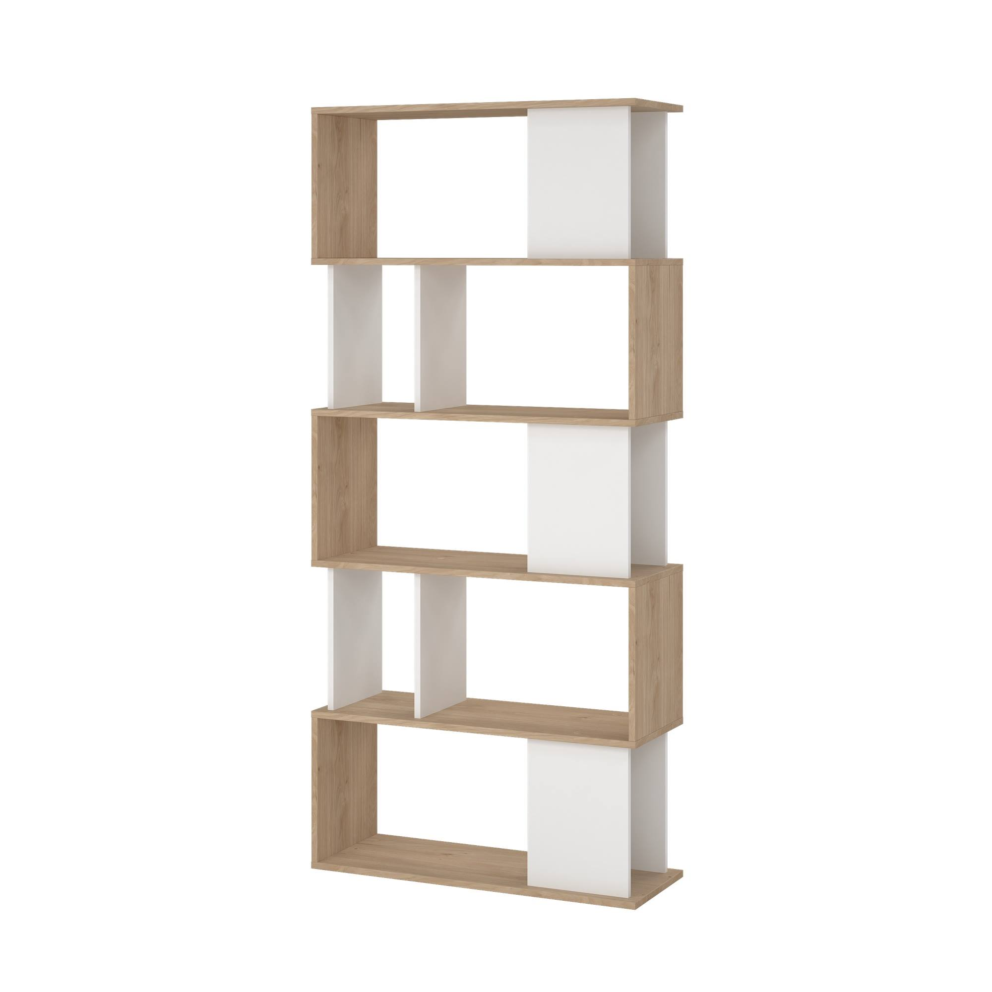 Una estantería moderna con estantes de madera y divisores blancos. Tiene un diseño único con secciones abiertas y cerradas.