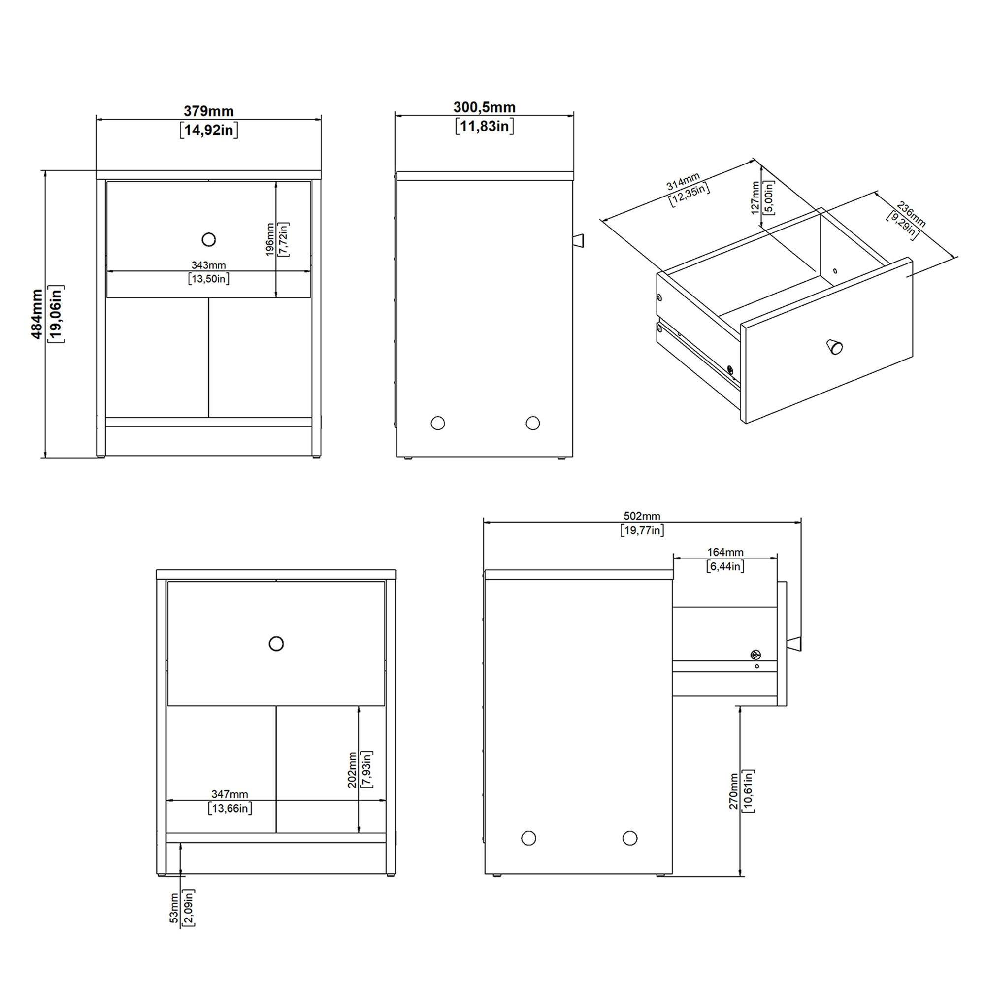 Dibujo técnico de muebles de baño con dimensiones en mm y pulgadas. Incluye detalles de armario y cajón.