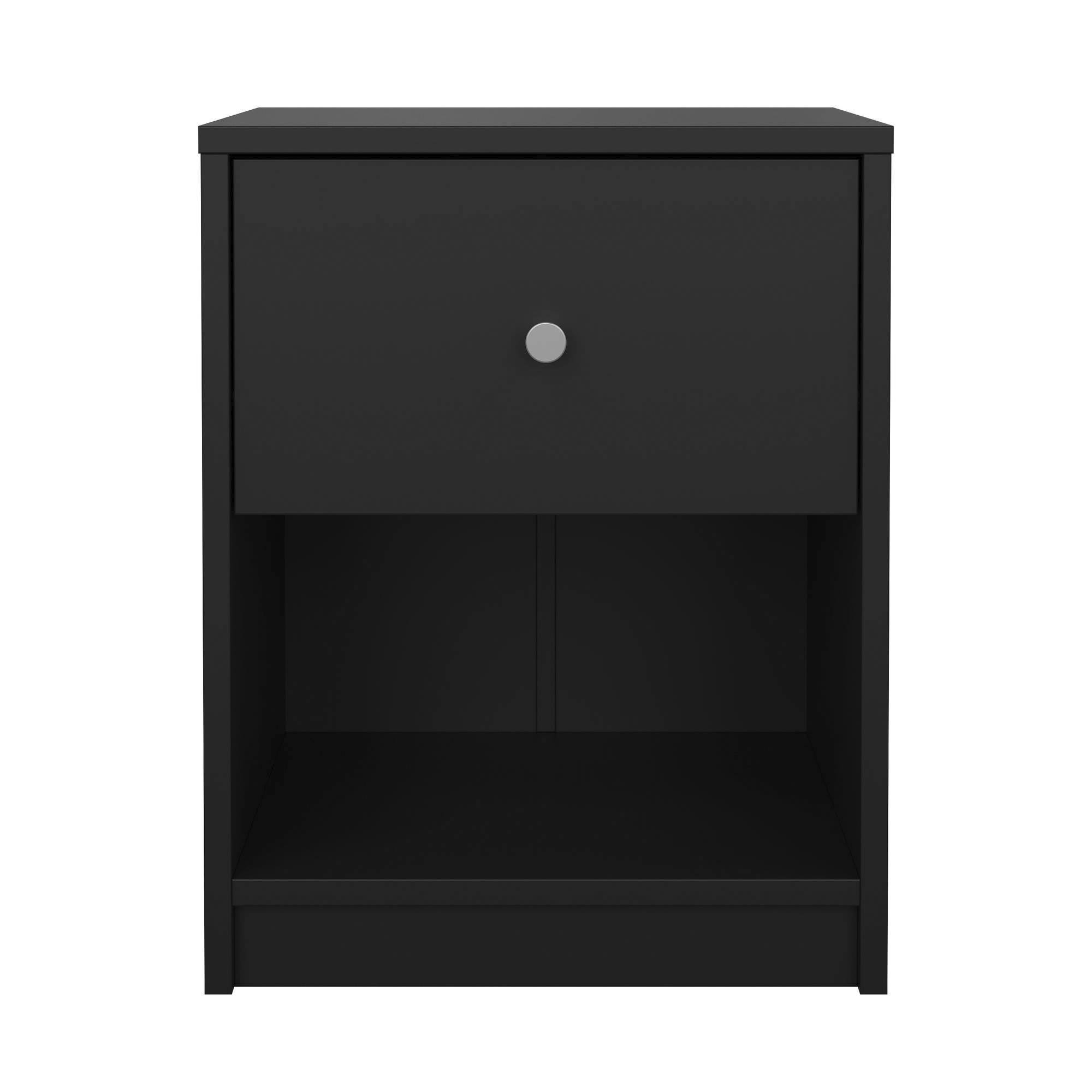 Mesita de noche negra con cajón y estante abierto. Perilla plateada en el cajón. Fondo blanco.
