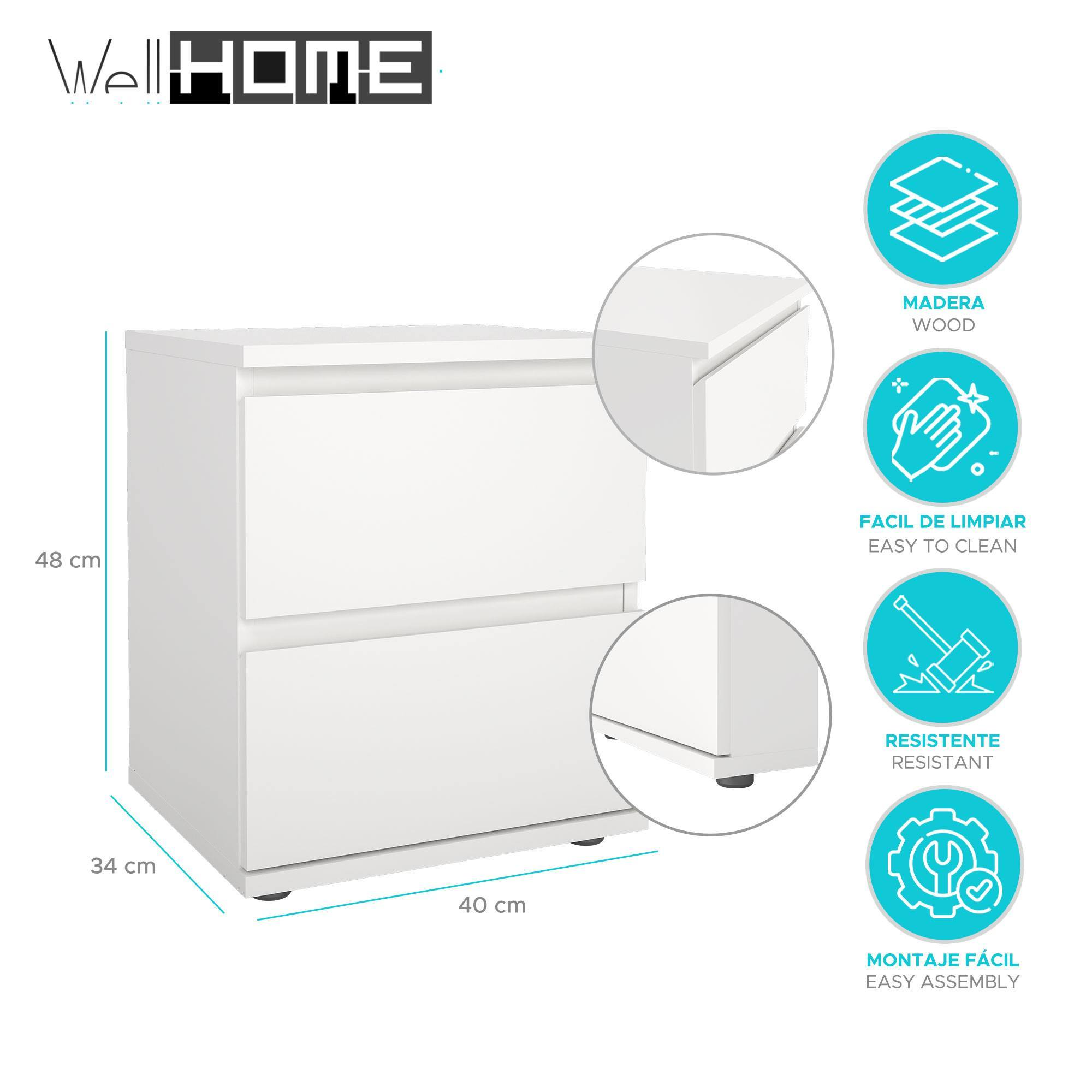 Gabinete blanco con dos cajones. Se indican las dimensiones. Iconos para madera, fácil limpieza, resistente y fácil montaje.