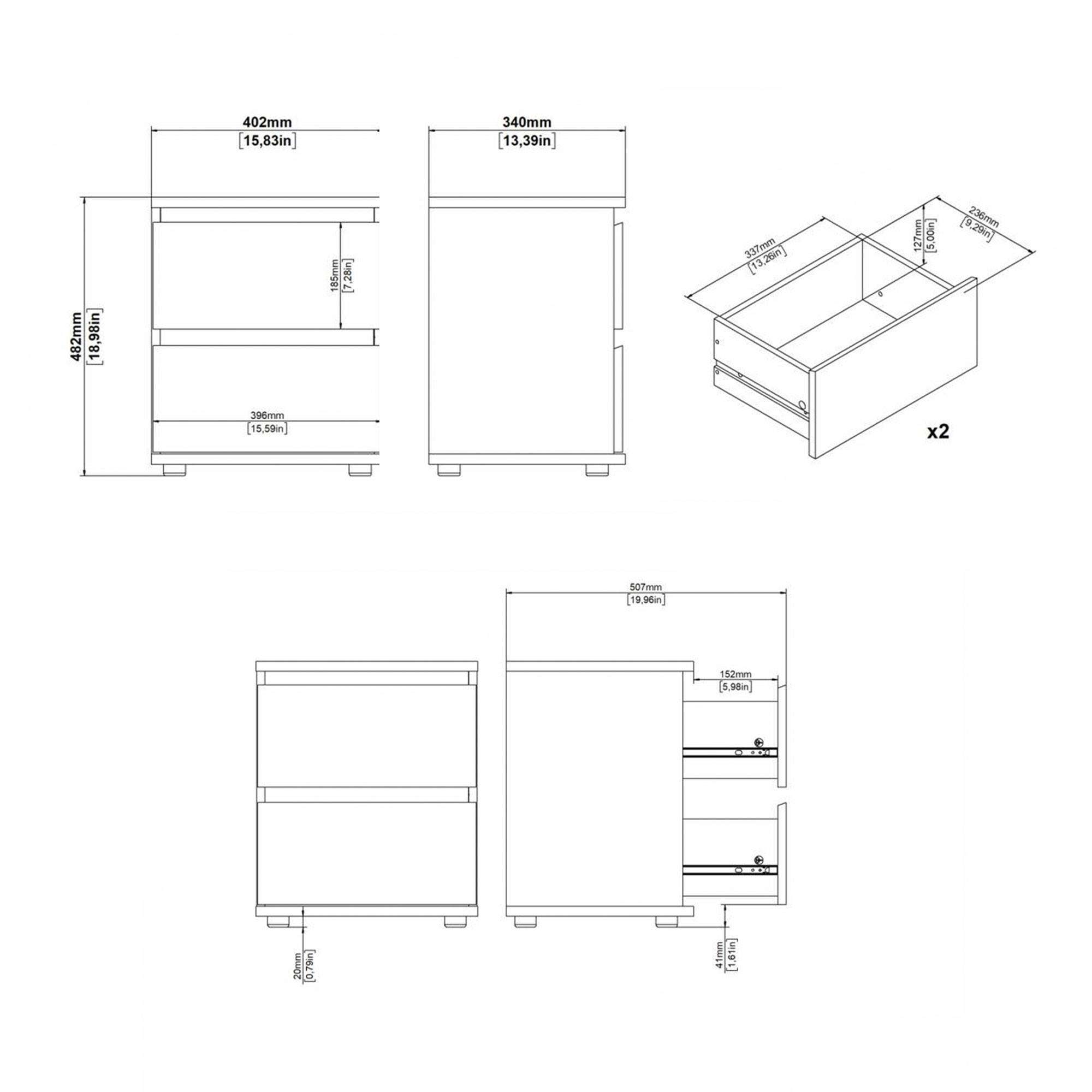 Dibujo técnico de muebles con dimensiones en mm y pulgadas. Incluye vistas superior, lateral y de cajón.