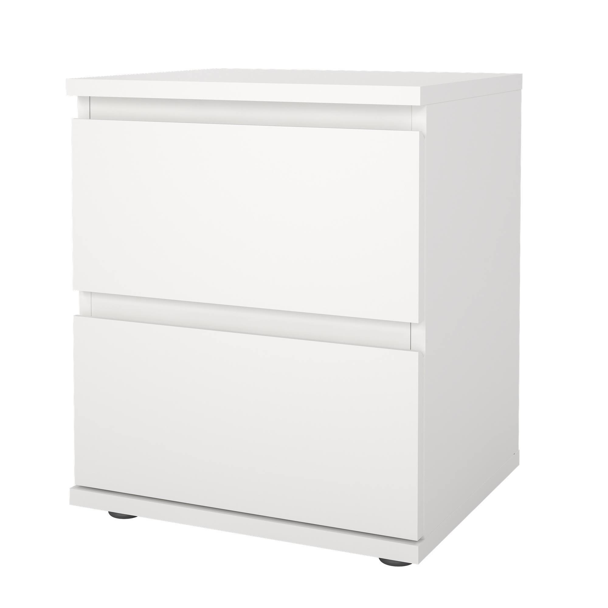 Un armario blanco con dos cajones. Es rectangular y se apoya en pequeños pies negros. El fondo es blanco.