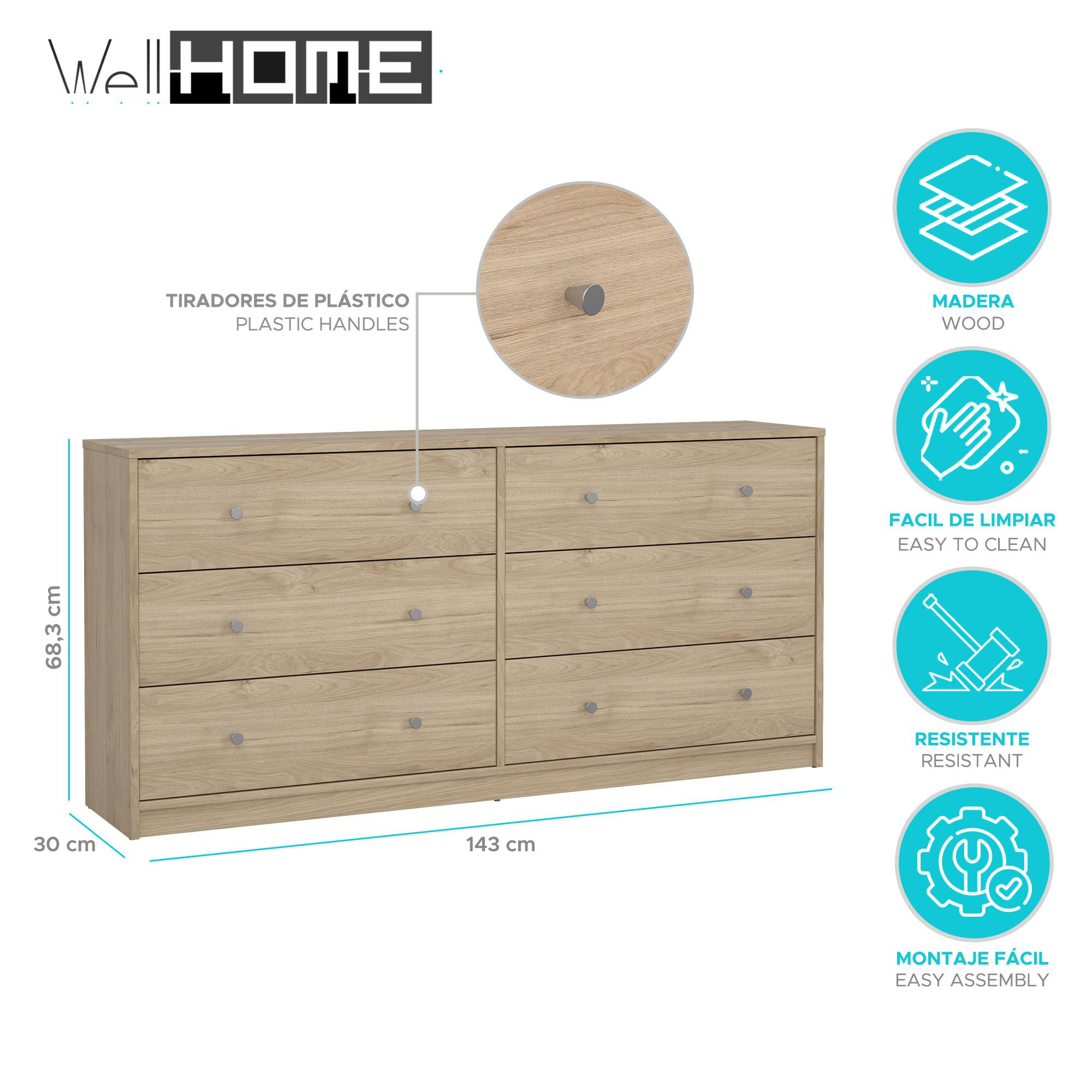Un cómoda de madera clara con seis cajones, perillas redondas y etiquetas de información del producto. Se muestran las dimensiones.