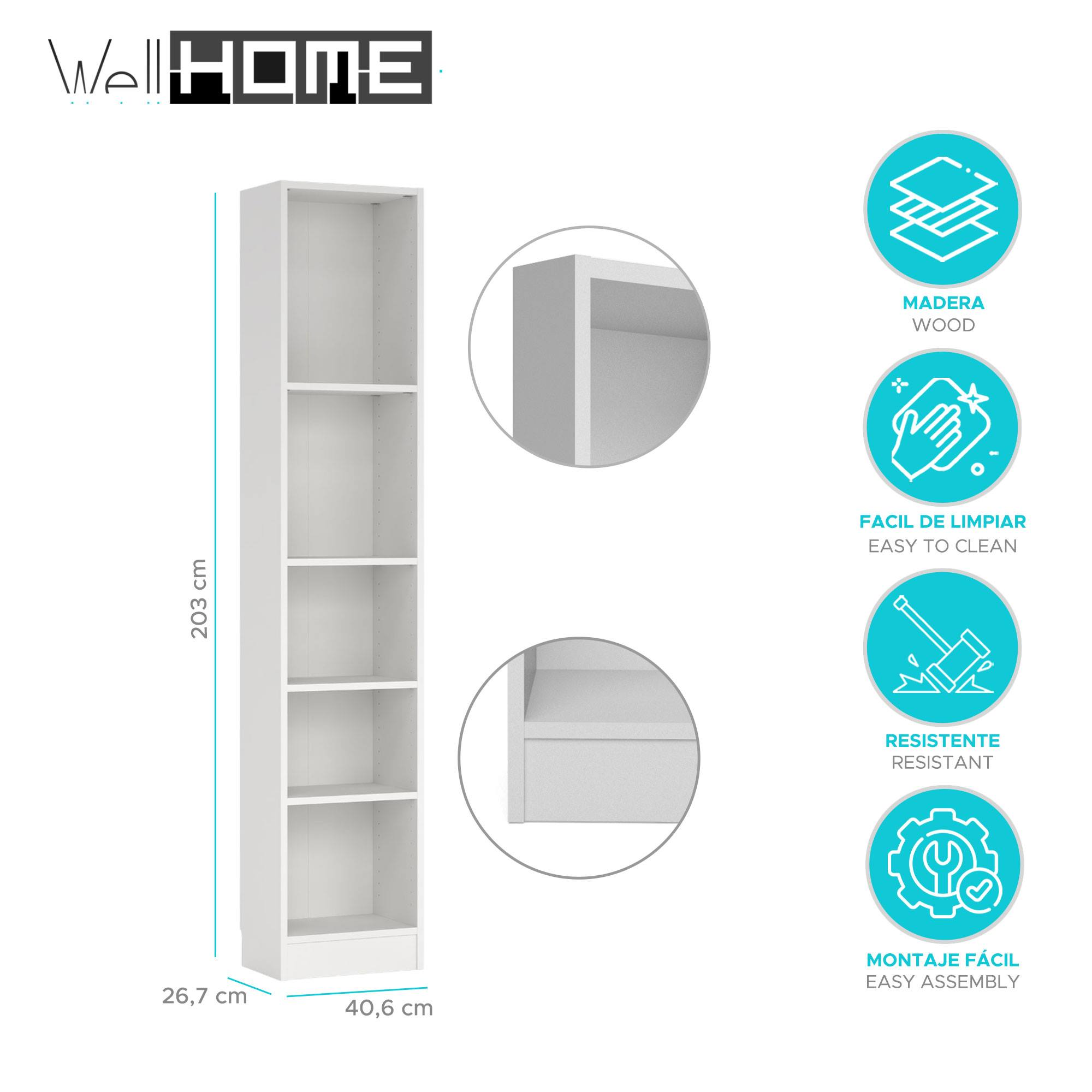 Un armario blanco con estantes, se muestran las dimensiones. Características: madera, fácil de limpiar, resistente, fácil montaje.