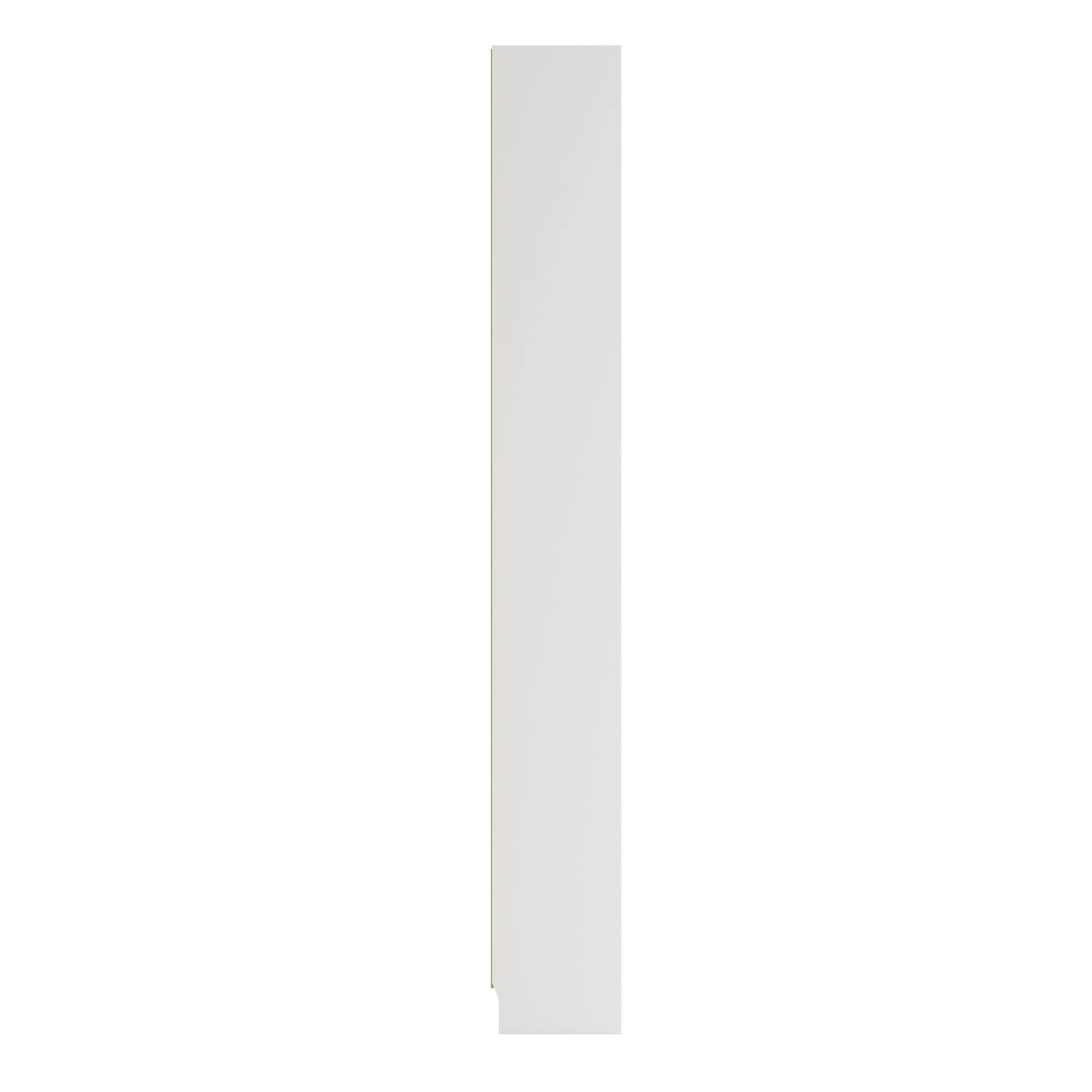 Un armario alto y blanco sobre un fondo blanco. El armario es rectangular con un lado marrón delgado.