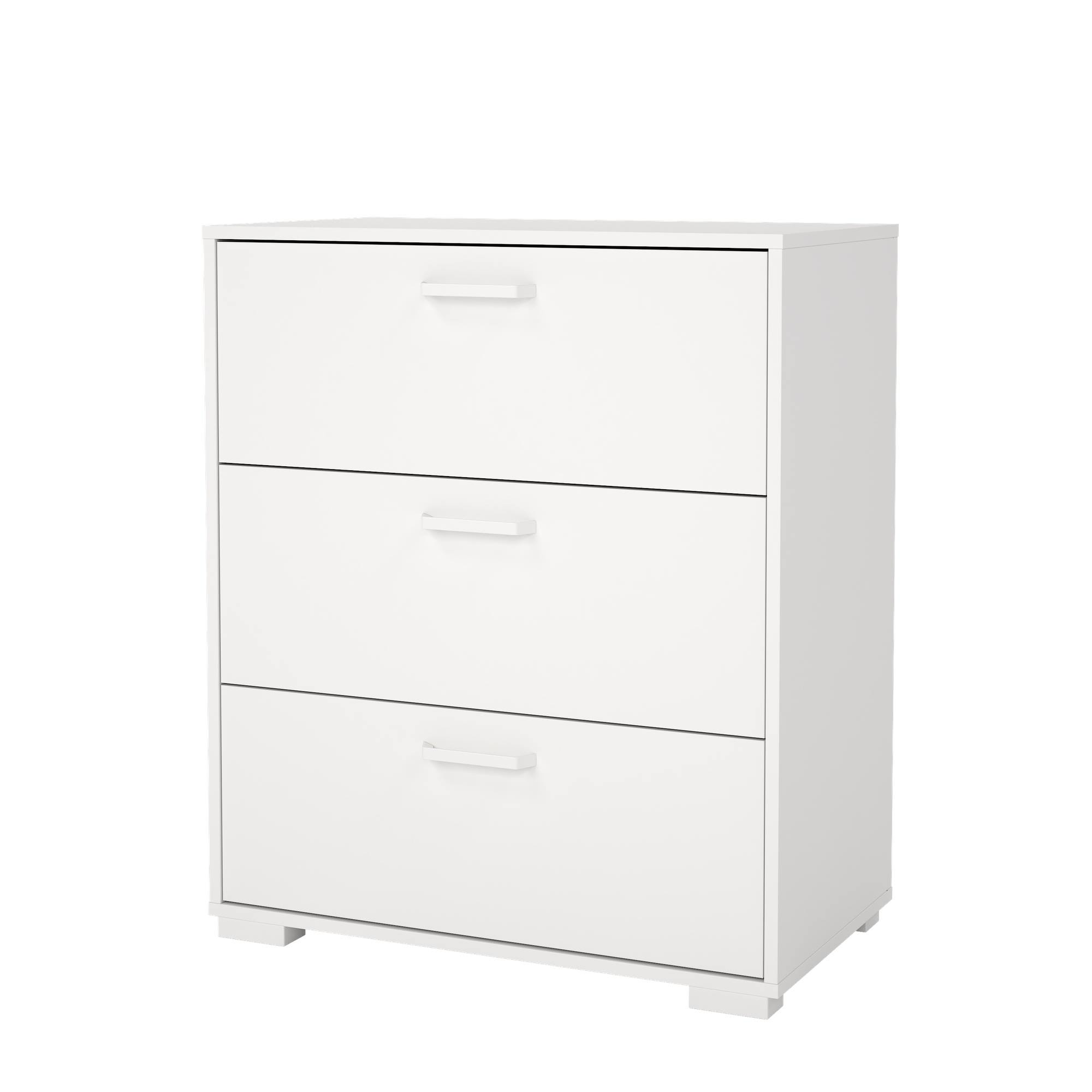 Un armario blanco con tres cajones y un tirador rectangular en cada uno, sobre fondo blanco.
