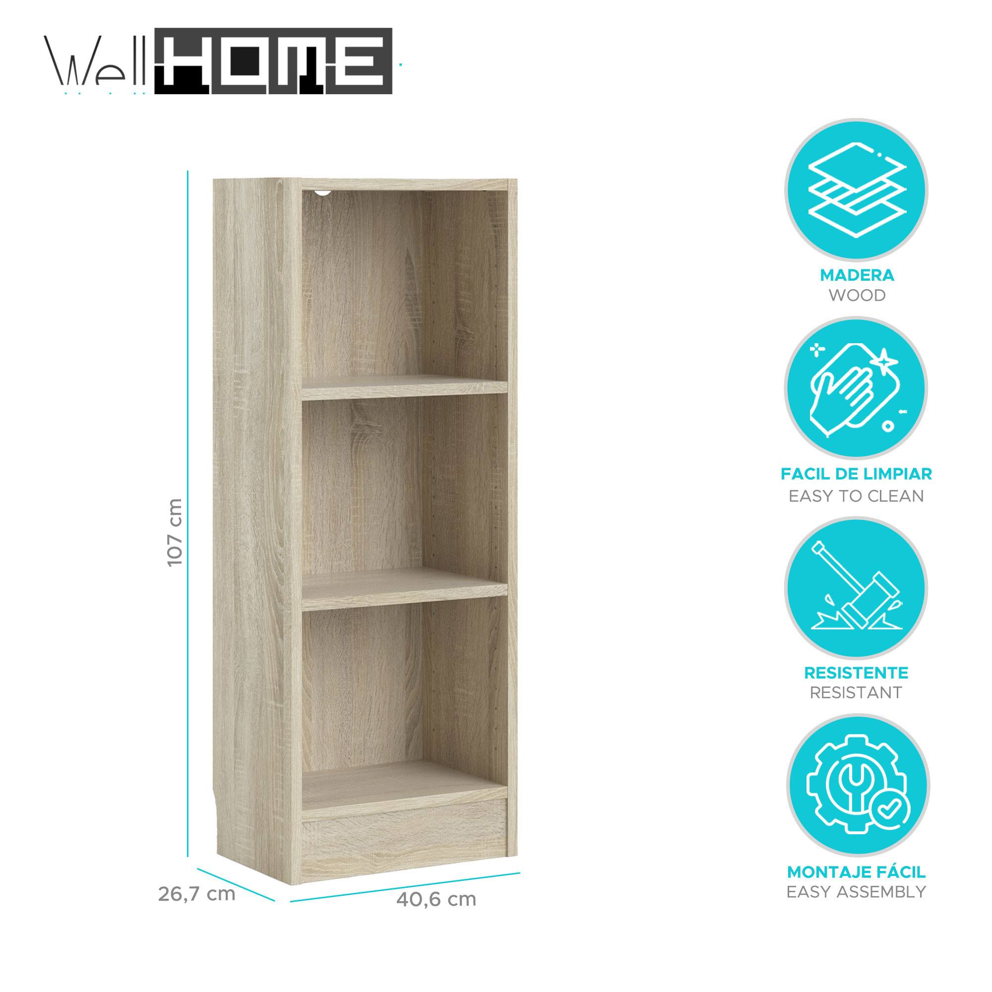 Una estantería de color madera clara con tres estantes. Se muestran las dimensiones. Incluye 'madera', 'fácil de limpiar'.