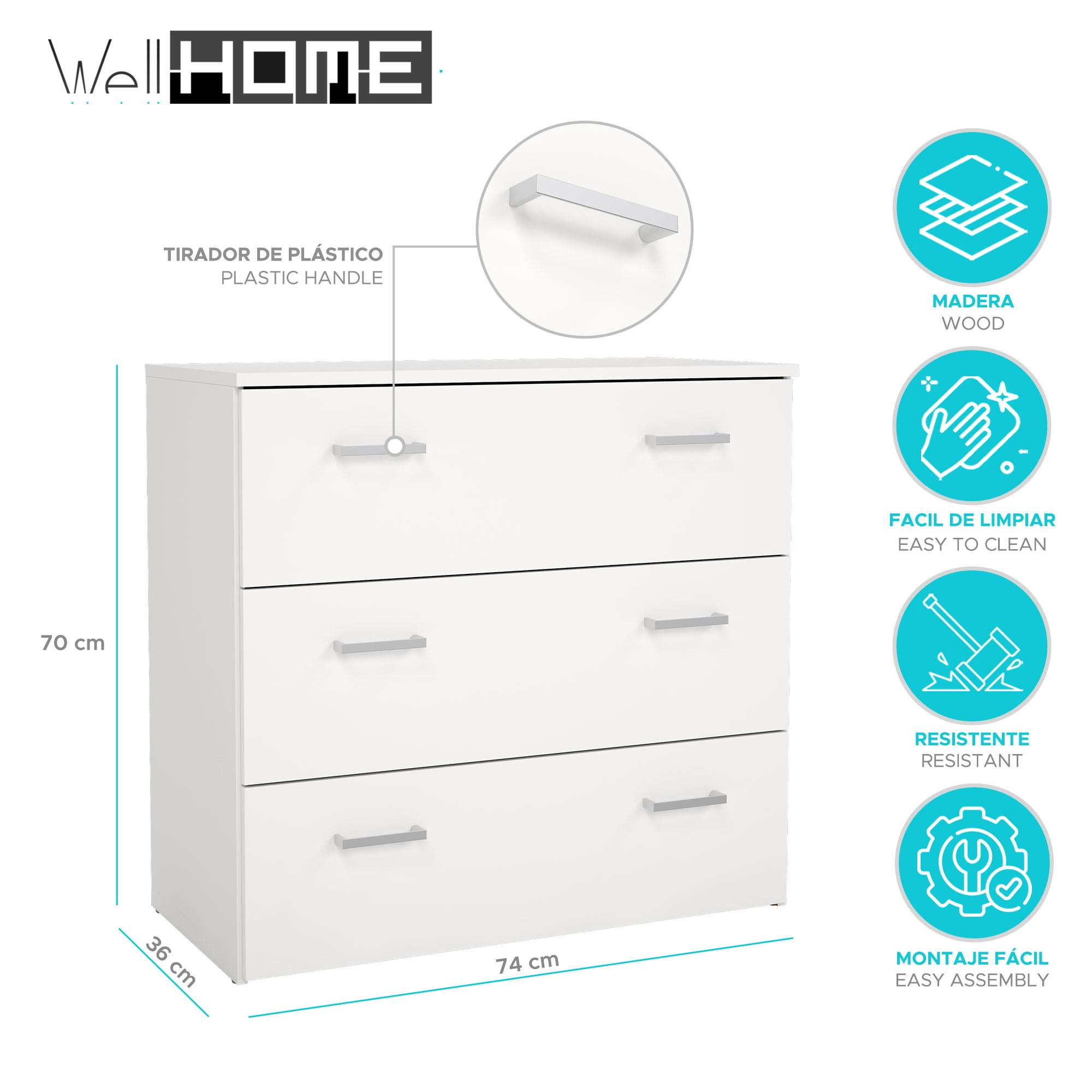 Cómoda blanca con tres cajones, tiradores plateados y etiquetas de dimensiones. Incluye fácil limpieza y montaje.