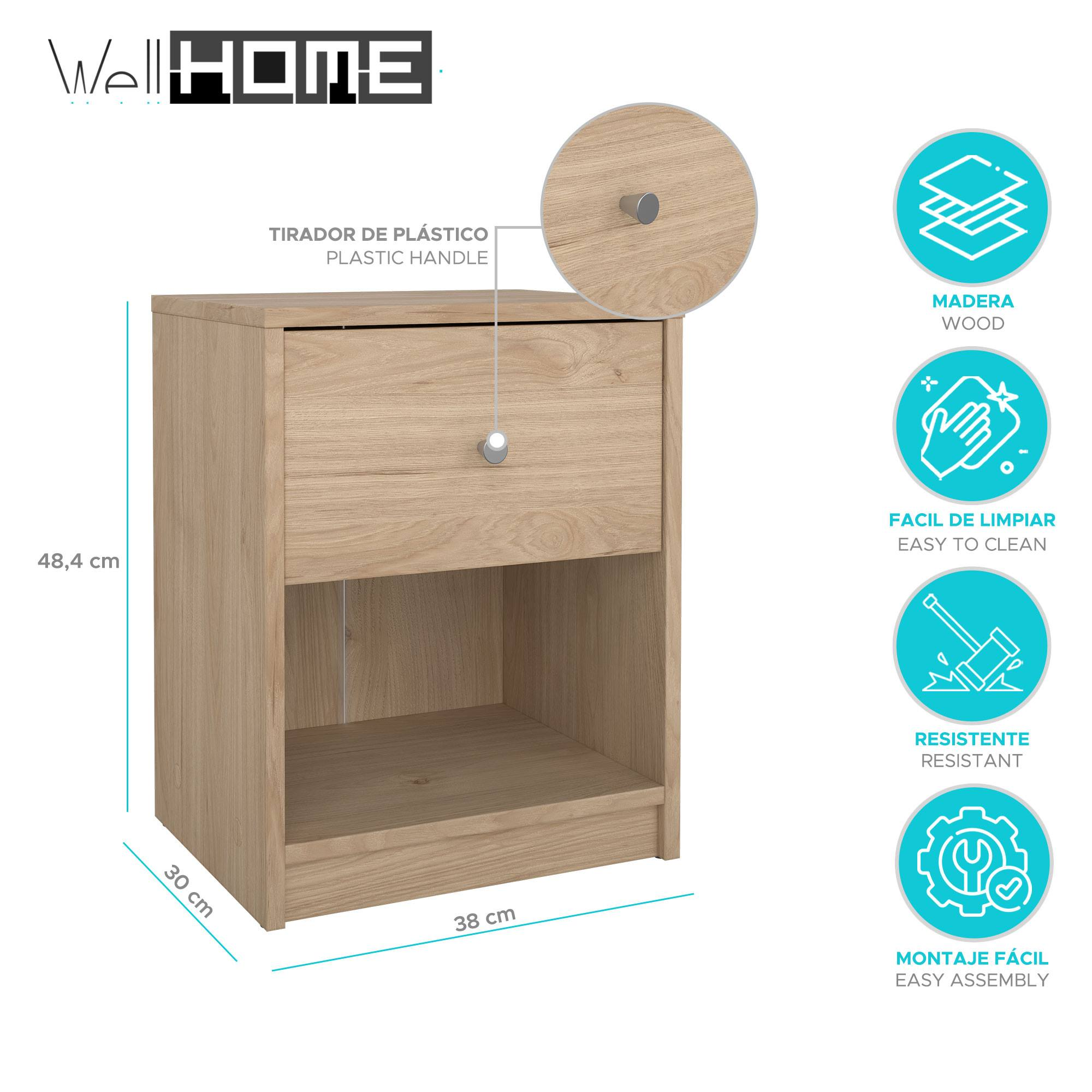 Una mesita de noche de madera con cajón y estante abierto, asa y dimensiones. Texto incluye 'madera', 'fácil de limpiar'.