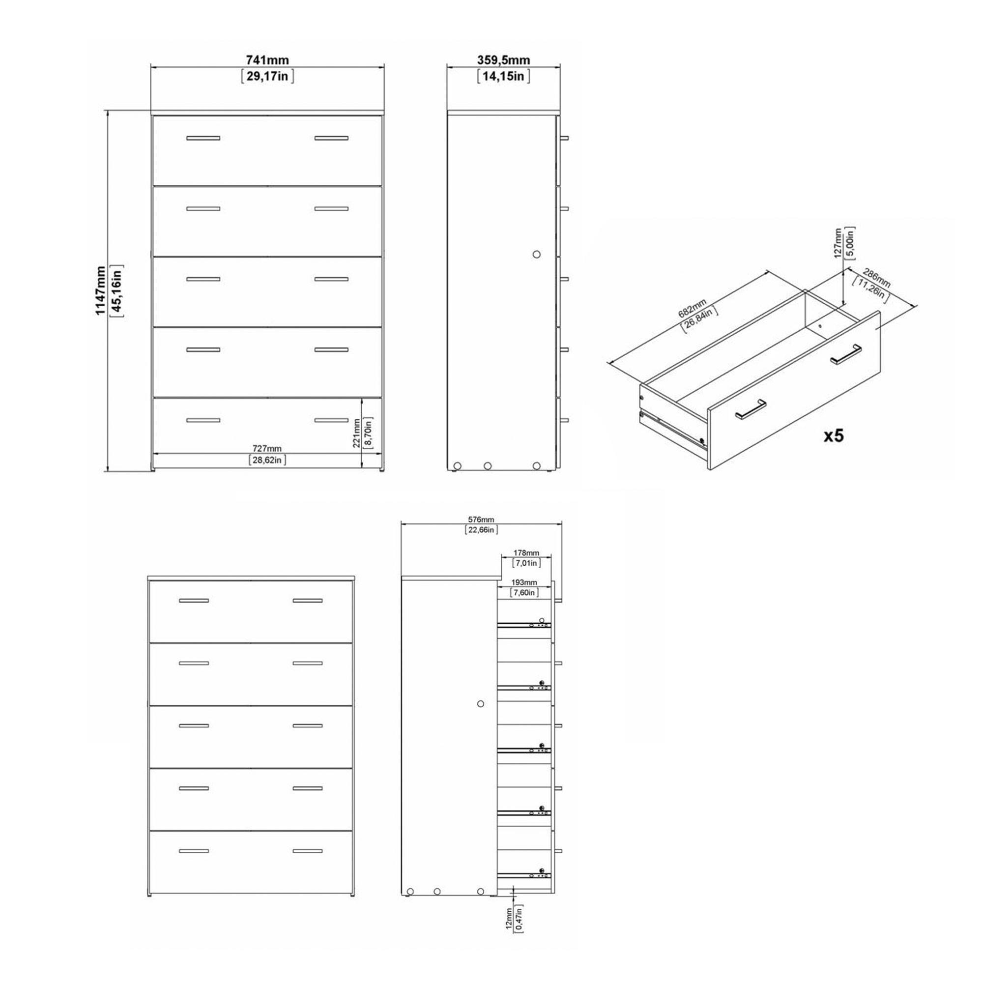 Dibujo técnico de una cómoda alta con medidas. Incluye detalles del cajón y vistas laterales con dimensiones.
