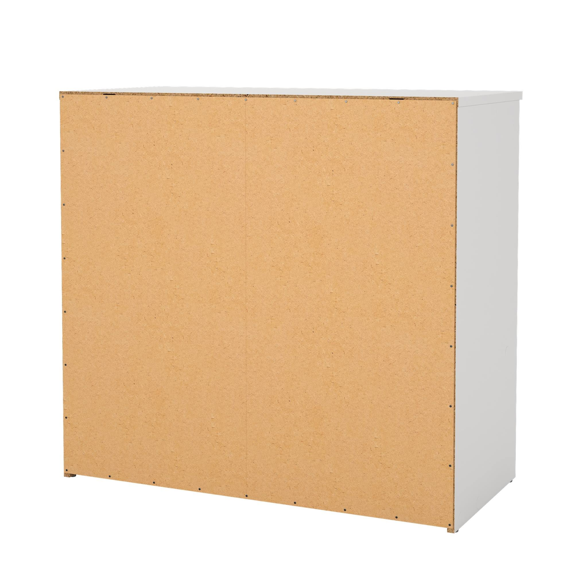 Parte trasera de un armario blanco con un panel de madera marrón claro. El lado derecho es blanco. El fondo es blanco.