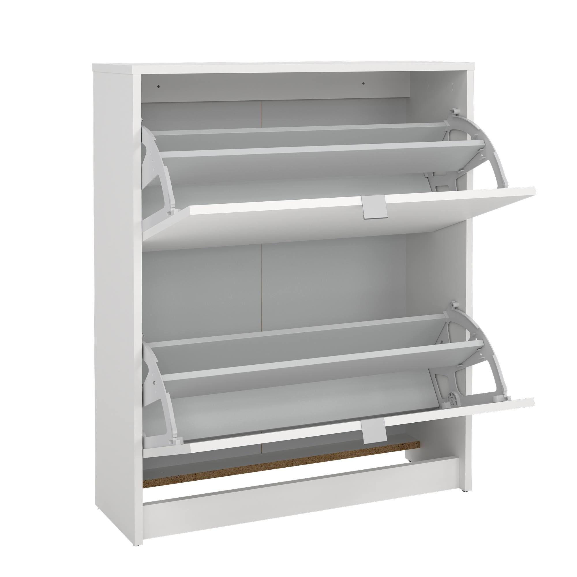Zapatero blanco con dos compartimentos abiertos. Cada uno tiene un estante y una puerta que se abre hacia abajo, mostrando un material similar al corcho.