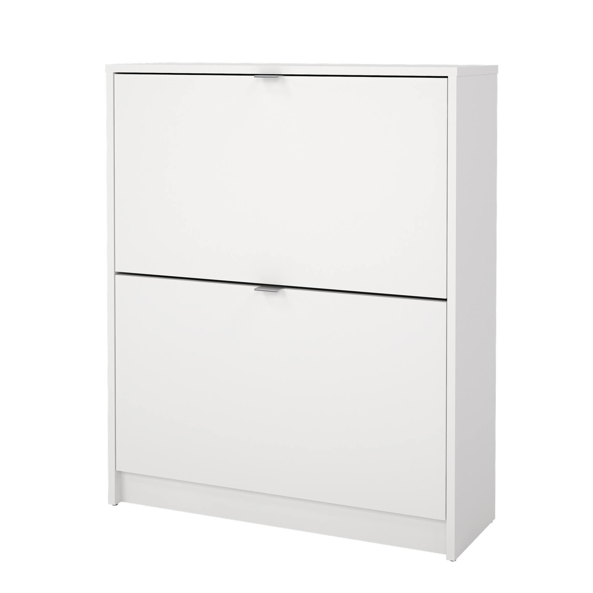 Un zapatero blanco con dos puertas y tiradores plateados sobre un fondo blanco.