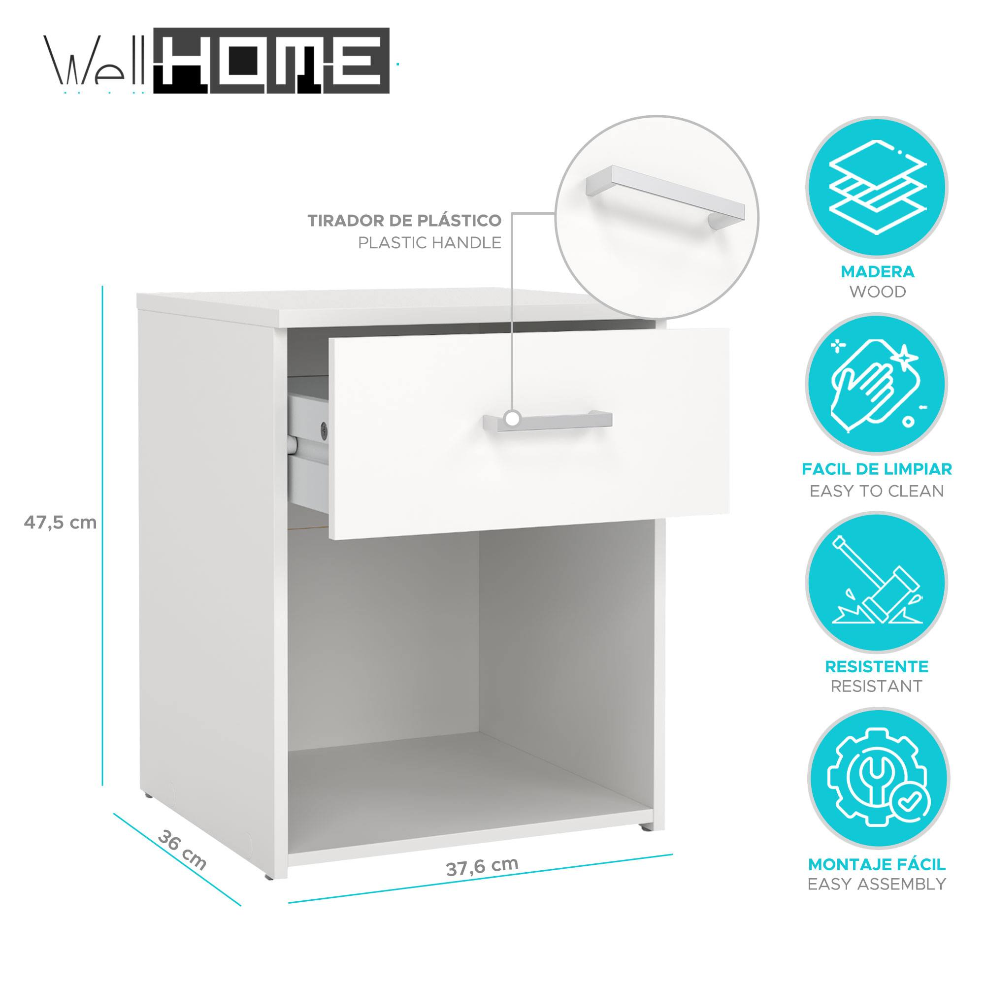 Mesita de noche blanca con un cajón abierto. Incluye fácil limpieza, material de madera y fácil montaje.