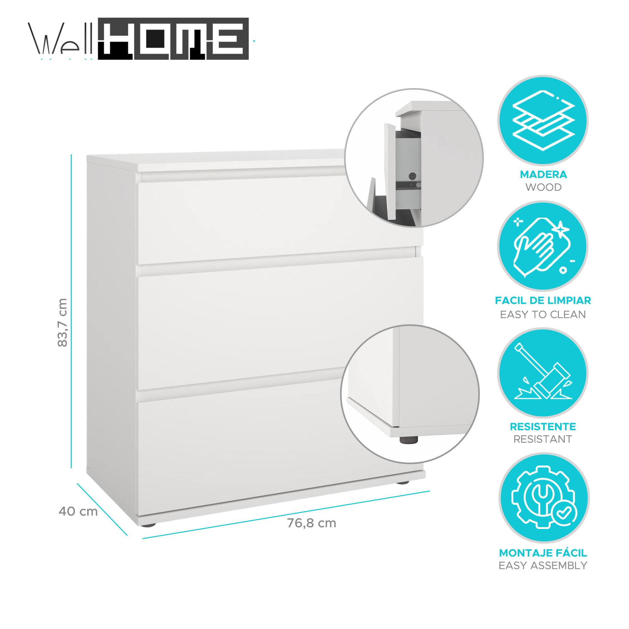 Un cómoda blanca de tres cajones. Las dimensiones se muestran en la imagen. La marca es Well Home.