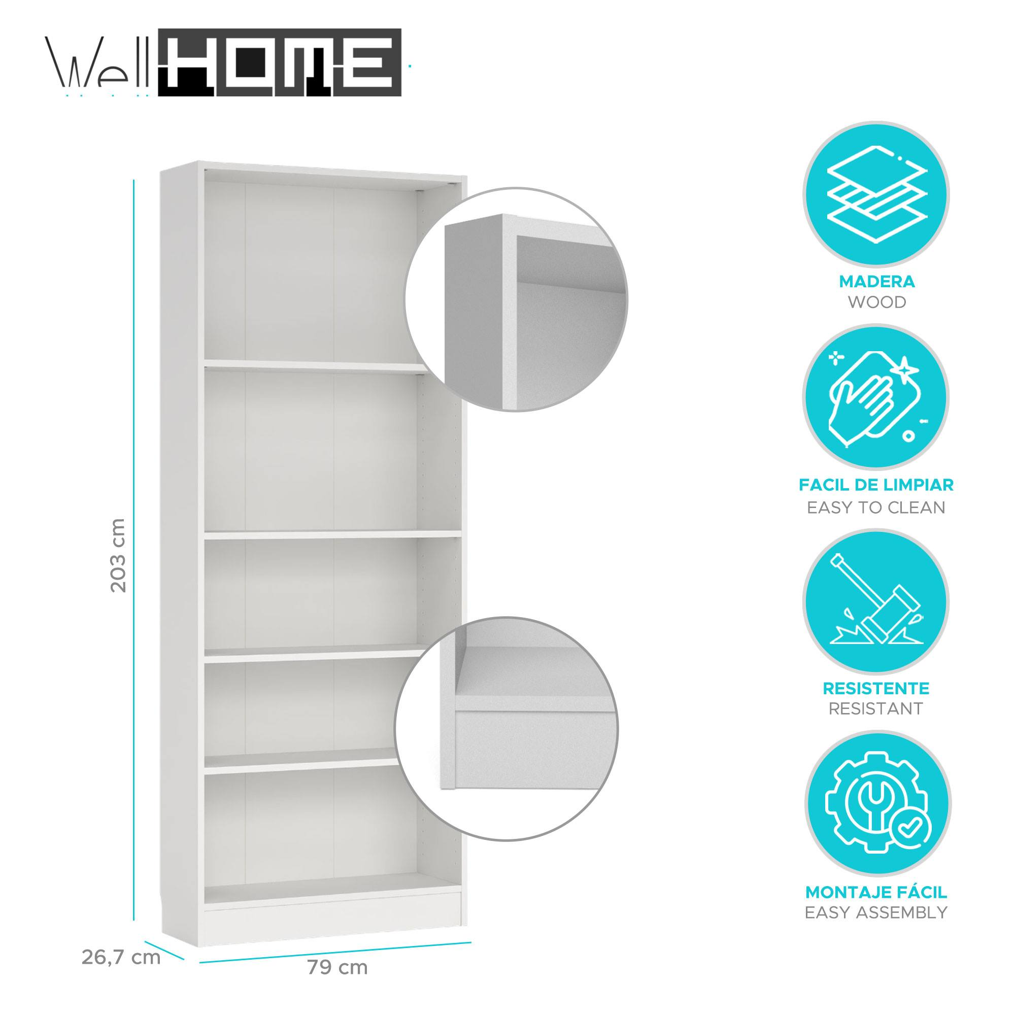Una estantería blanca con cinco estantes. Se muestran las dimensiones. Los iconos indican material de madera, fácil limpieza y montaje sencillo.
