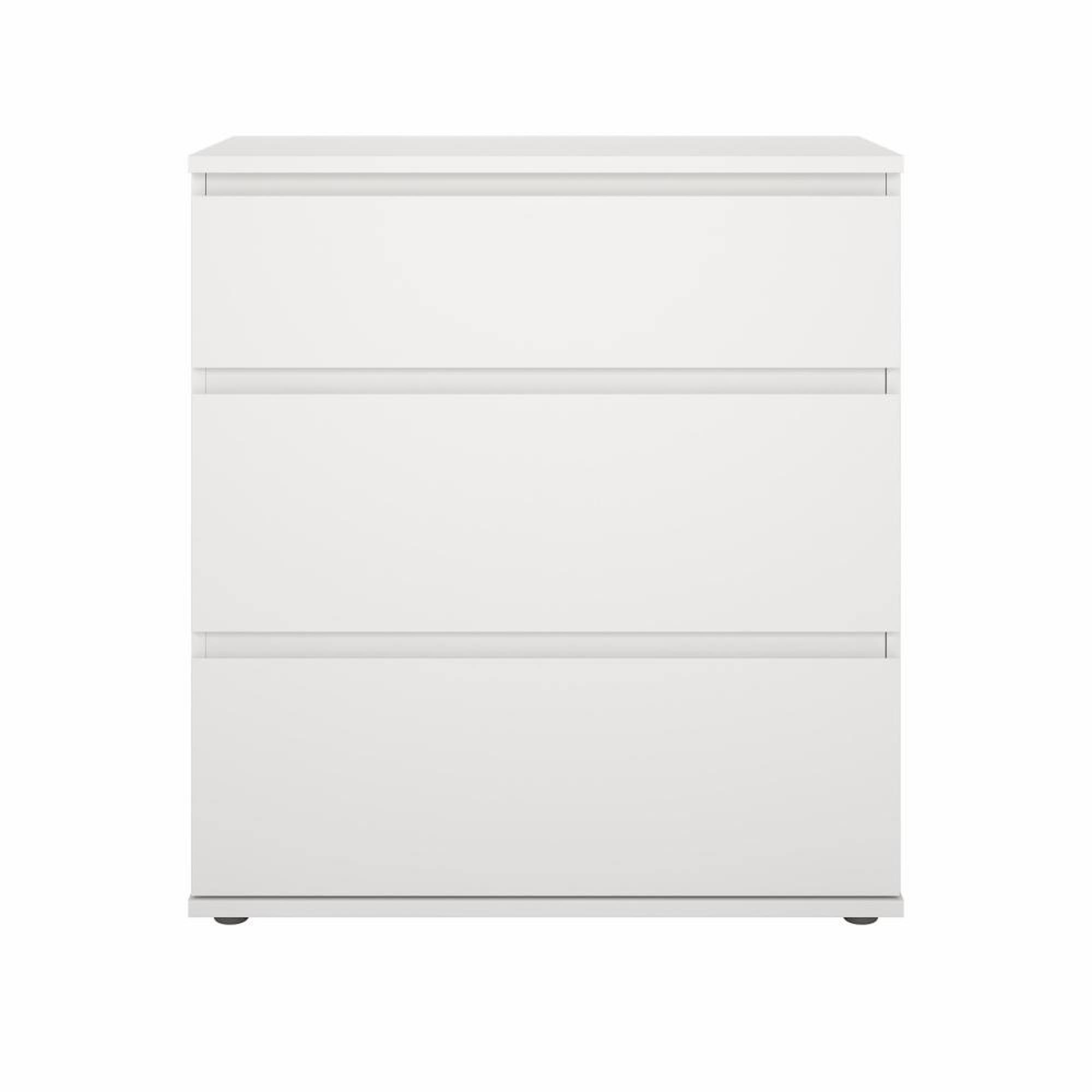 Una cómoda blanca. Tiene tres cajones y se asienta sobre una superficie blanca. El fondo es blanco.