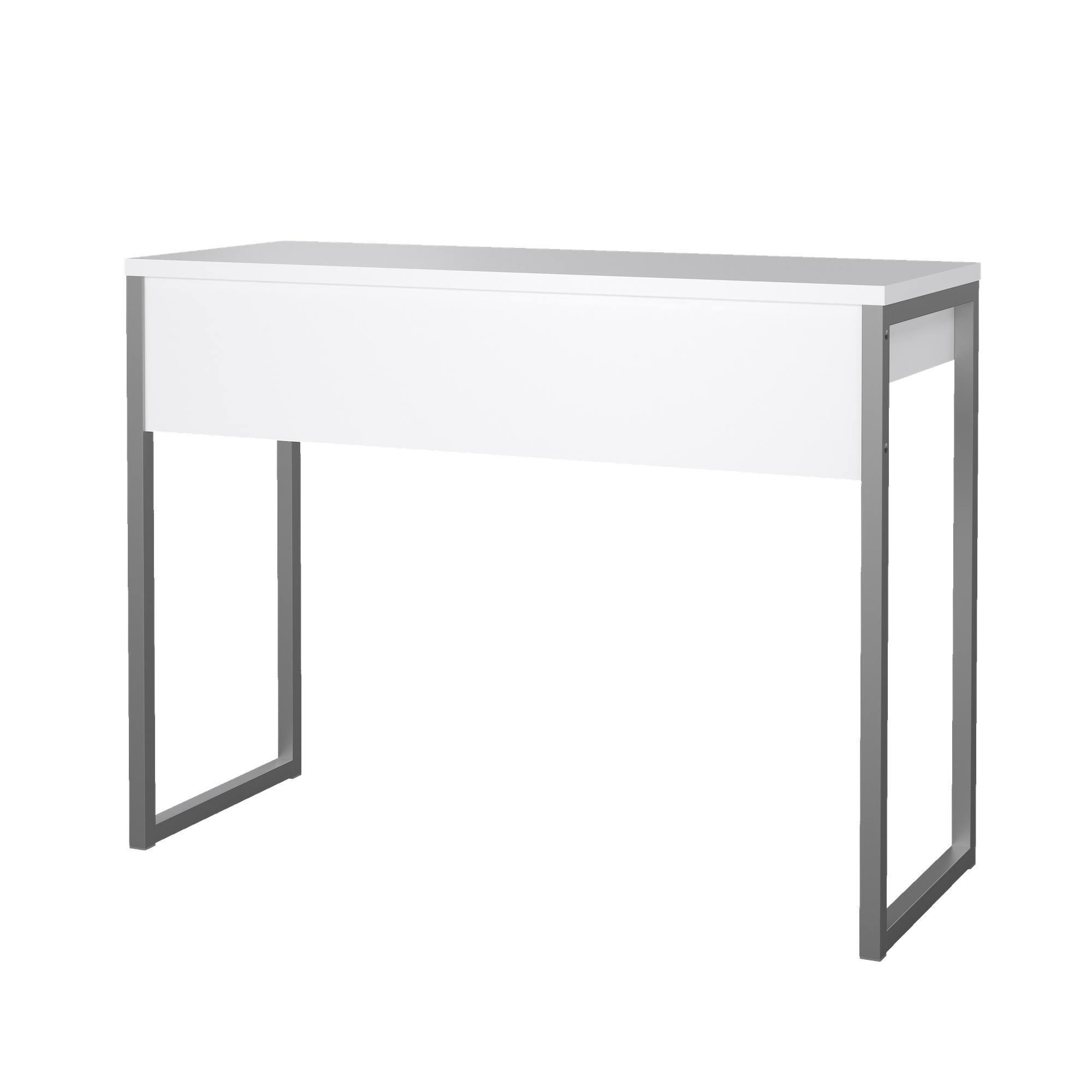 Un escritorio blanco con tapa rectangular y patas metálicas grises, sobre fondo blanco.