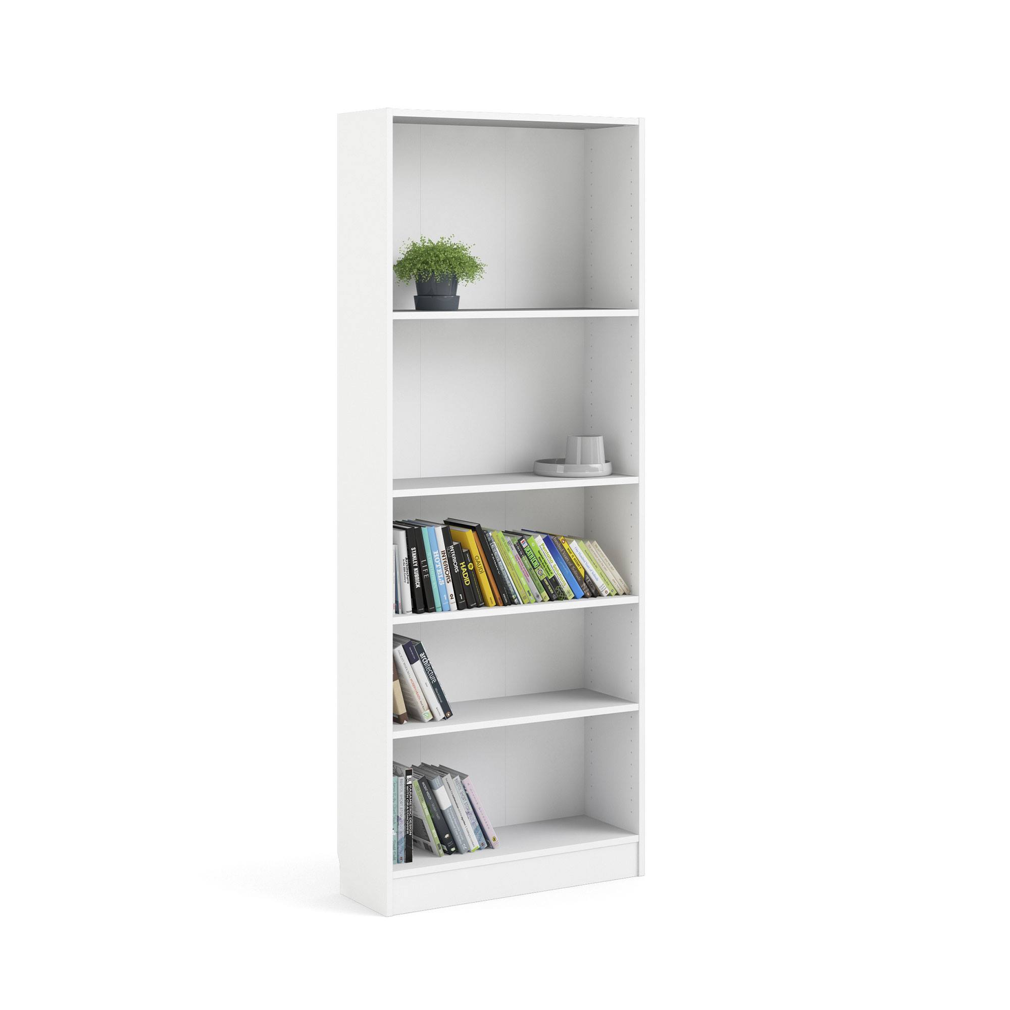 Una estantería blanca con libros y una planta. Libros en los estantes medios, planta arriba.