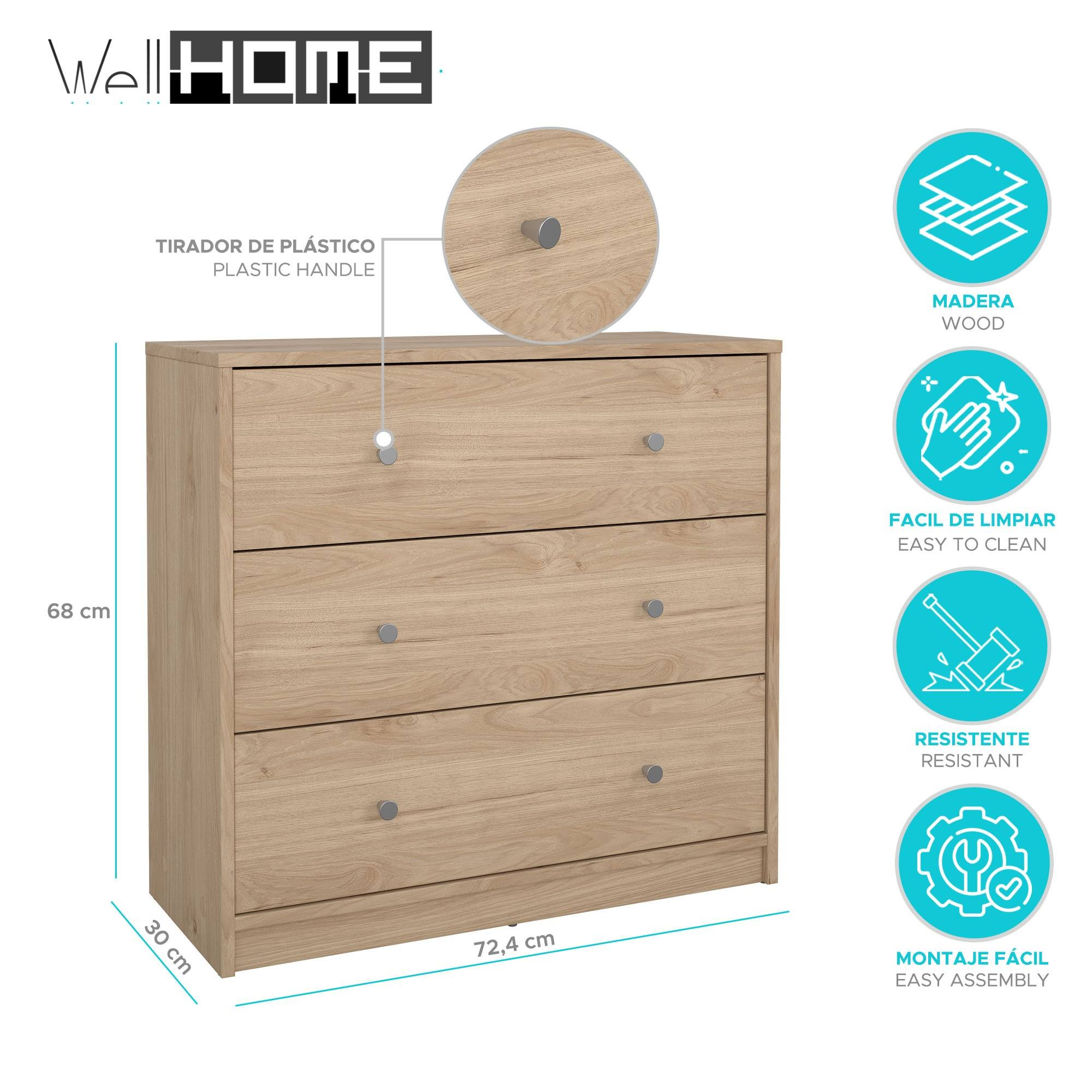 Una cómoda de madera con tres cajones, tiradores plateados y dimensiones indicadas junto a ella.