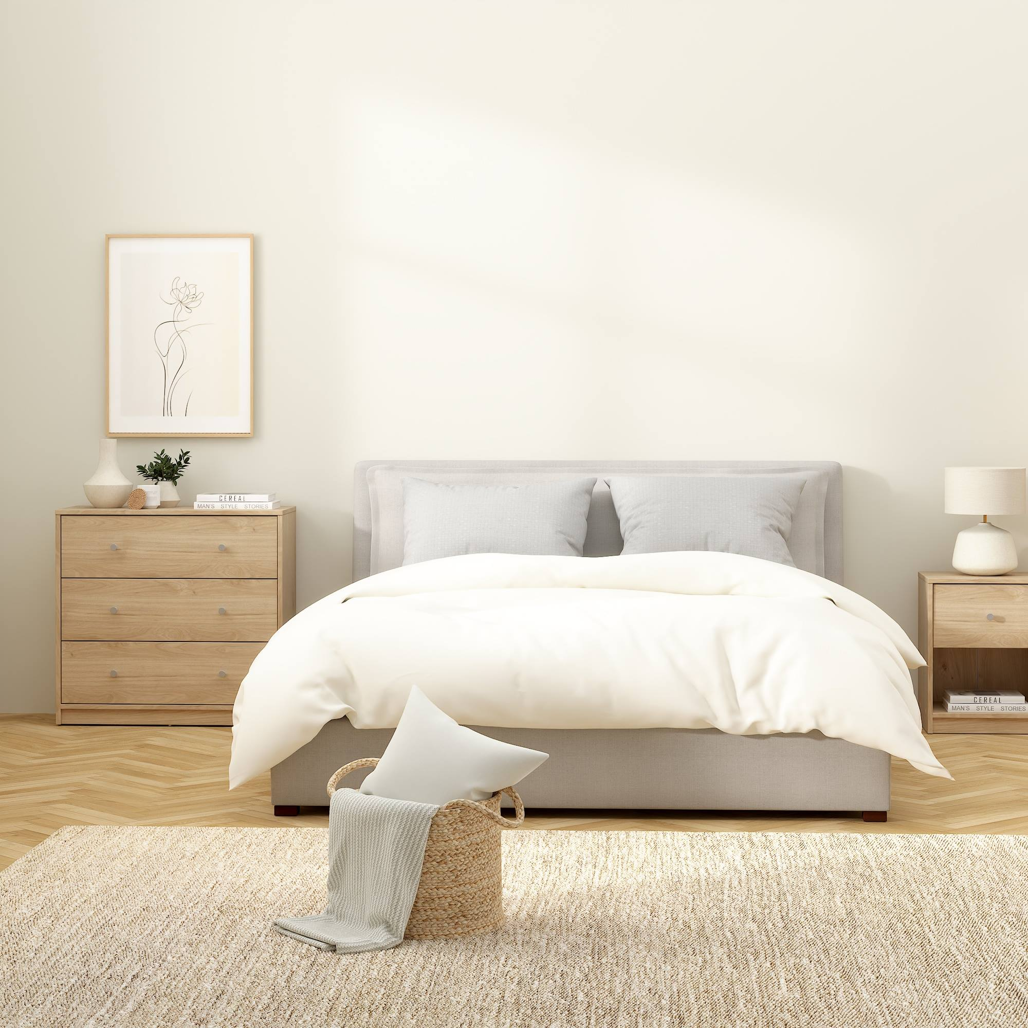 Dormitorio con cama, mesitas de noche, cómoda de madera, impresión artística y cesta tejida sobre una alfombra.