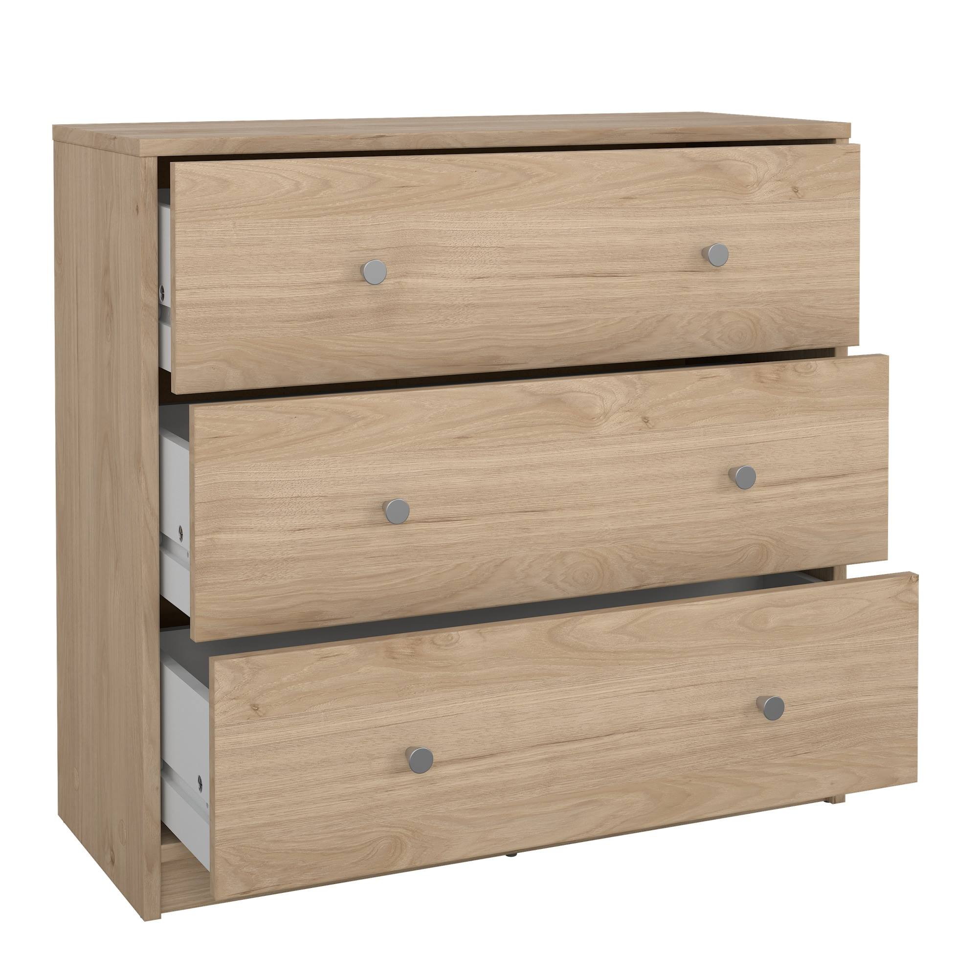 Un aparador de madera clara con tres cajones. El cajón superior está cerrado, el del medio parcialmente abierto y el inferior abierto.