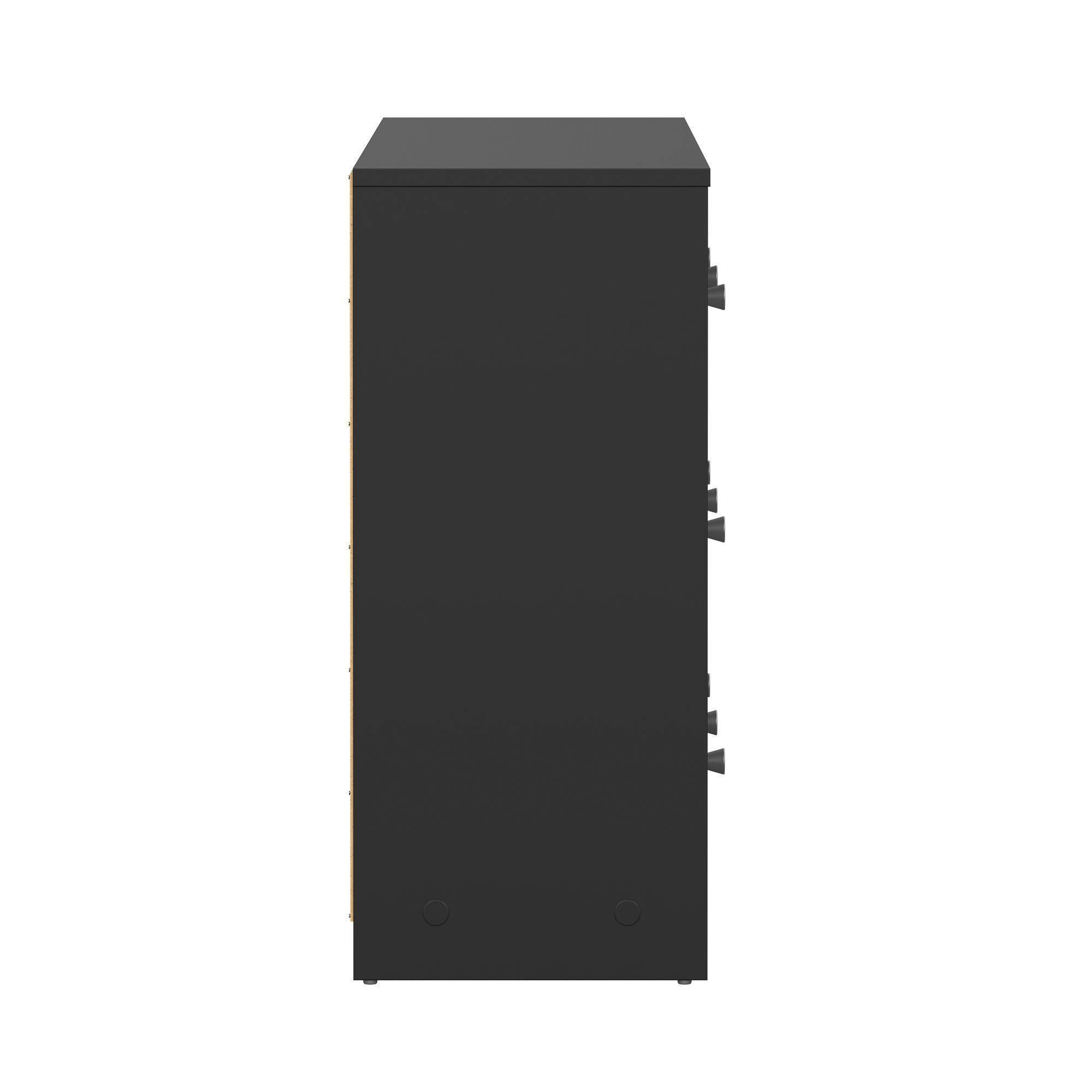 Un armario negro con asas sobre un fondo blanco. El armario tiene forma rectangular y una parte superior plana.