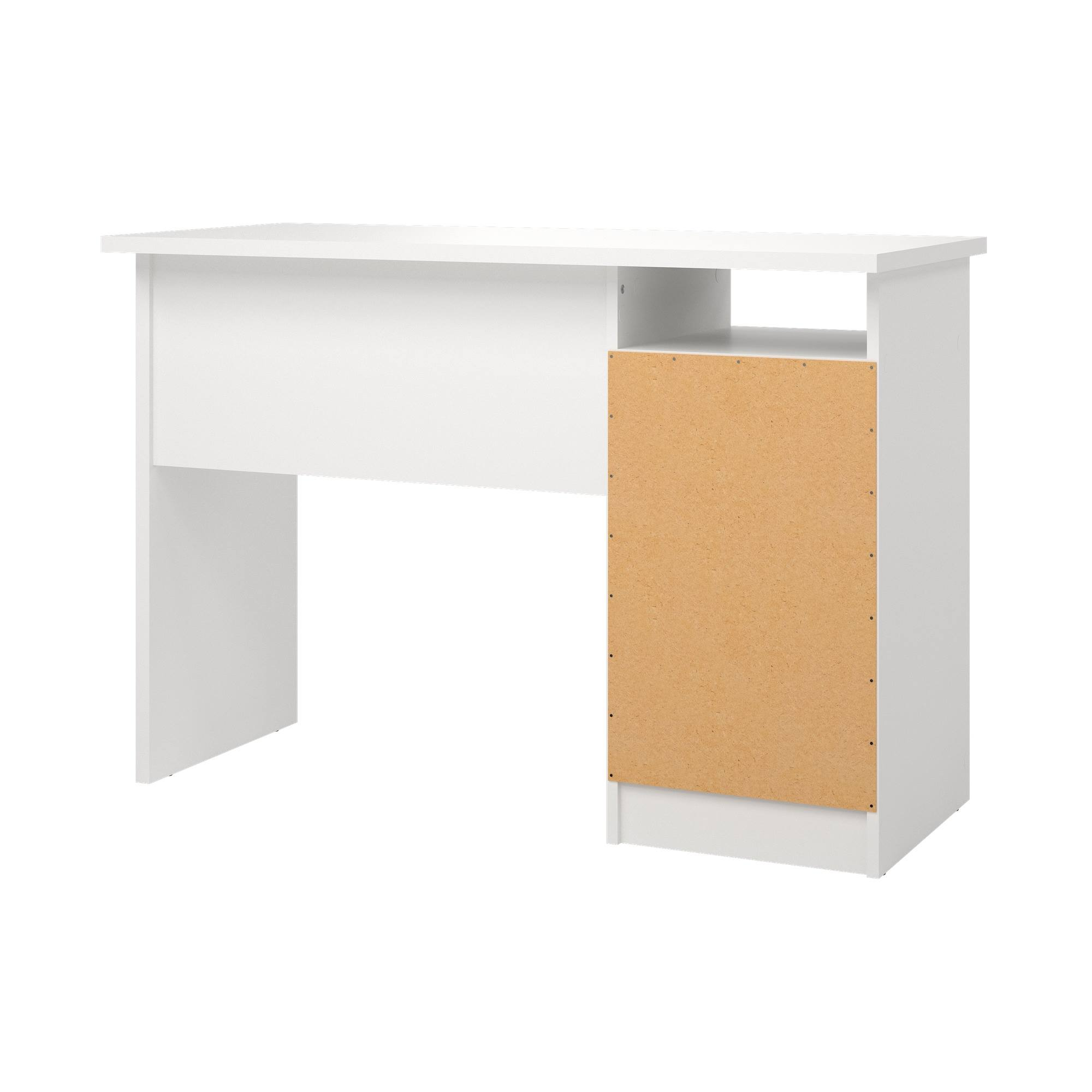 Un escritorio blanco con un lateral de aglomerado. El escritorio tiene una parte superior rectangular y una pata a la izquierda.