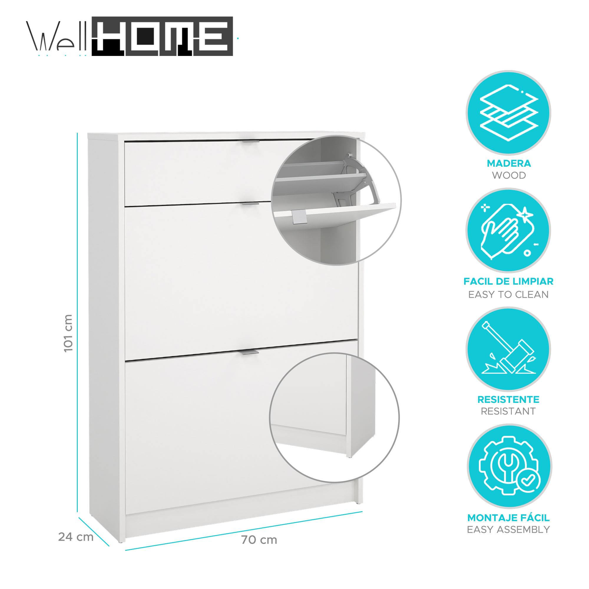 Zapatero blanco con tres compartimentos, puerta abierta. Dimensiones se muestran con iconos de madera y fácil montaje.