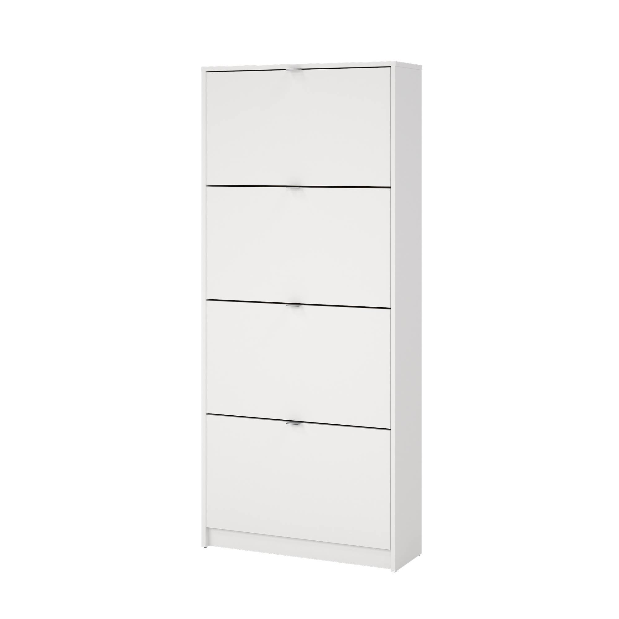 Un armario blanco con cuatro cajones y tiradores plateados sobre un fondo blanco.