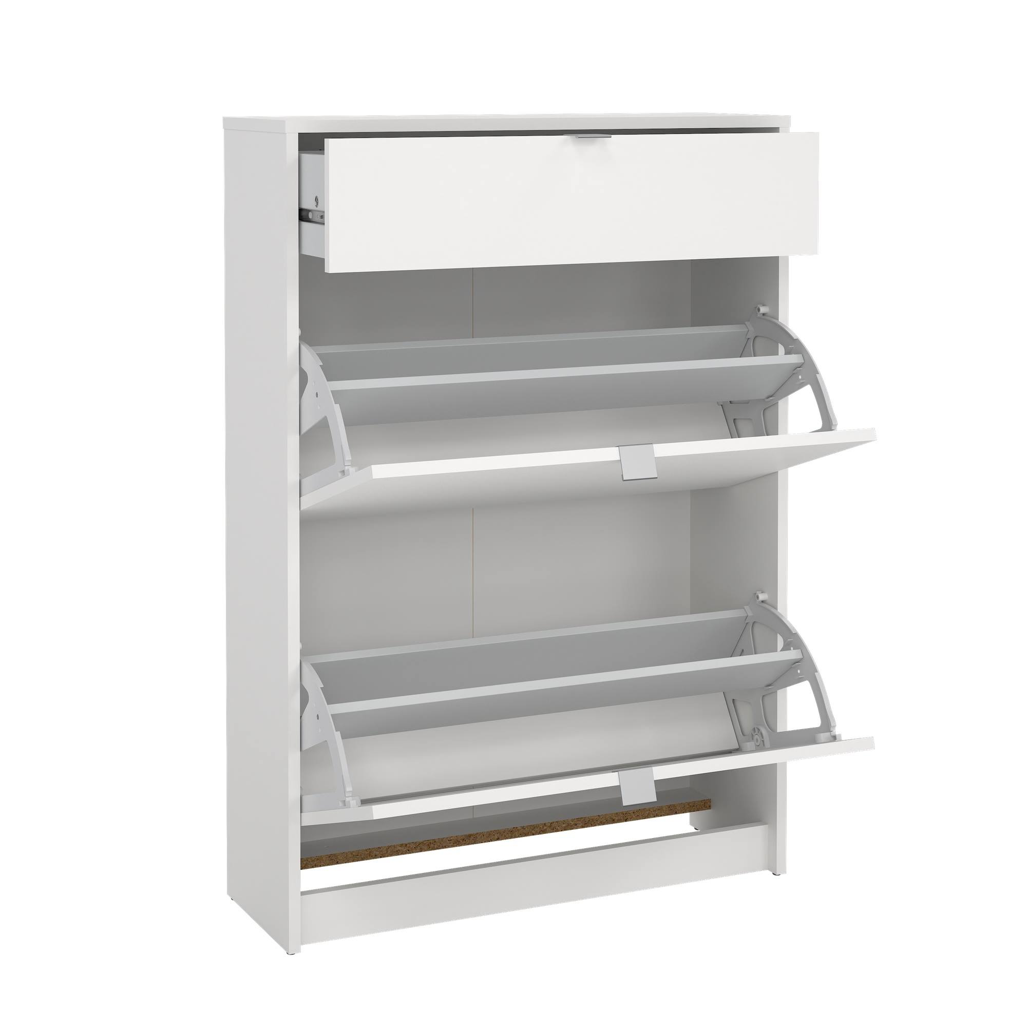 Zapatero blanco con un cajón y dos estantes basculantes abiertos. El mueble está sobre un fondo blanco.
