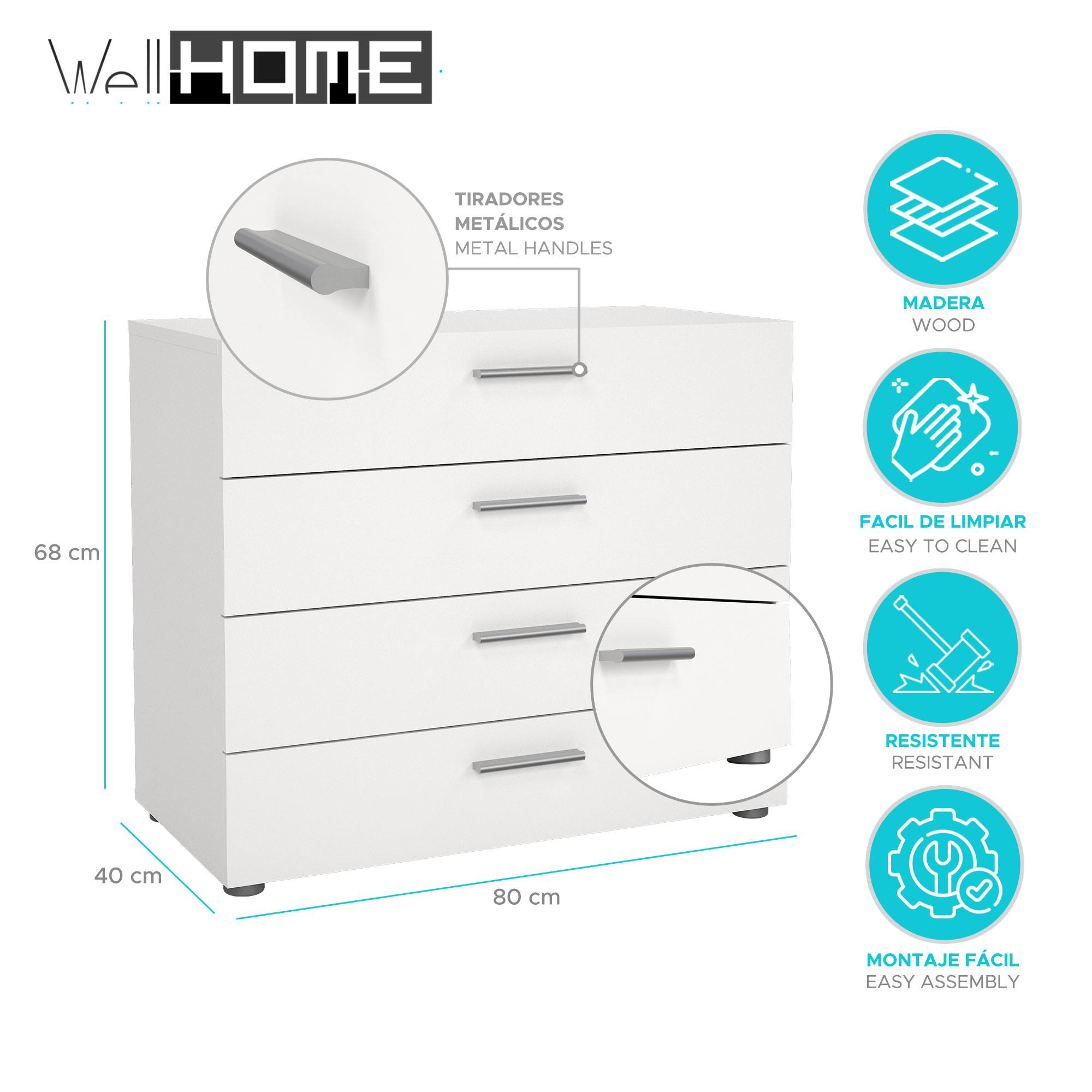 Una cómoda blanca con tiradores metálicos. Se muestran las dimensiones. Iconos indican madera, fácil limpieza, resistente y montaje.