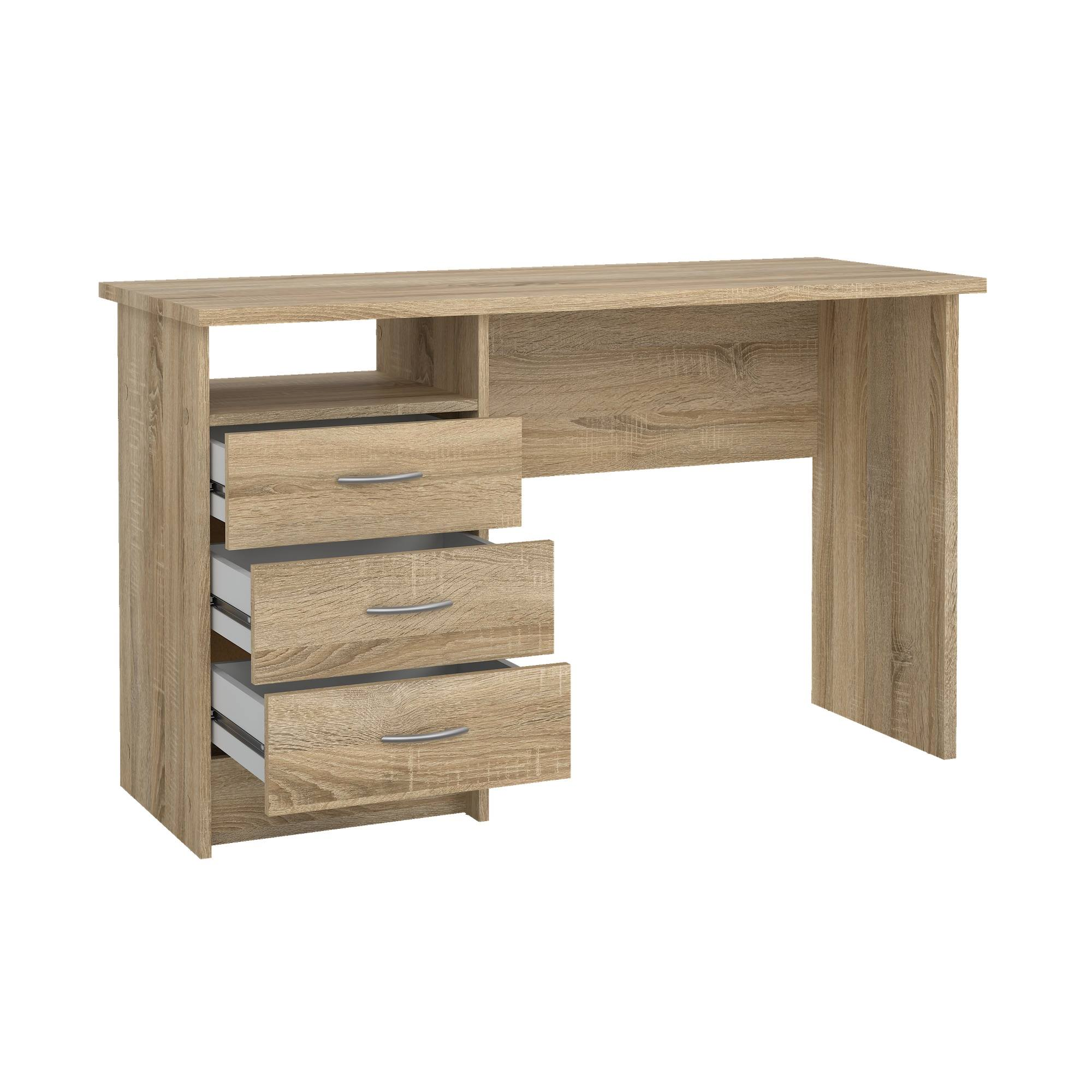 Un escritorio de madera marrón claro con tres cajones abiertos. Está sobre un fondo blanco.