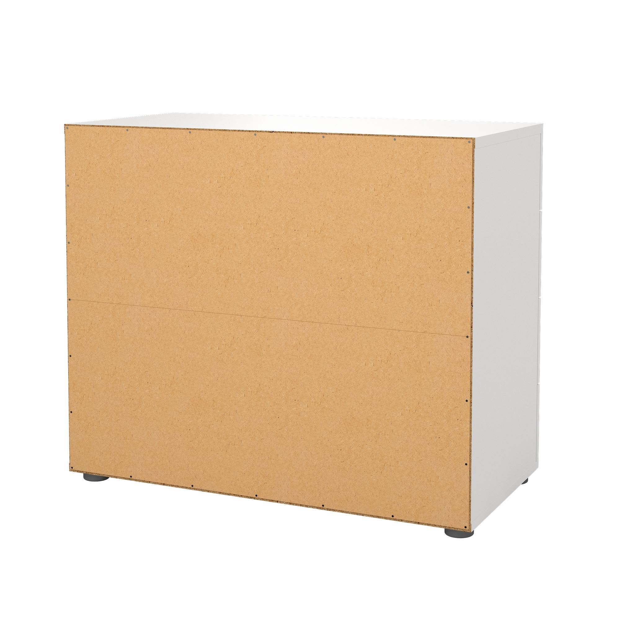 Se ven la parte trasera y el lateral de un armario blanco. La parte trasera es marrón con una costura horizontal.