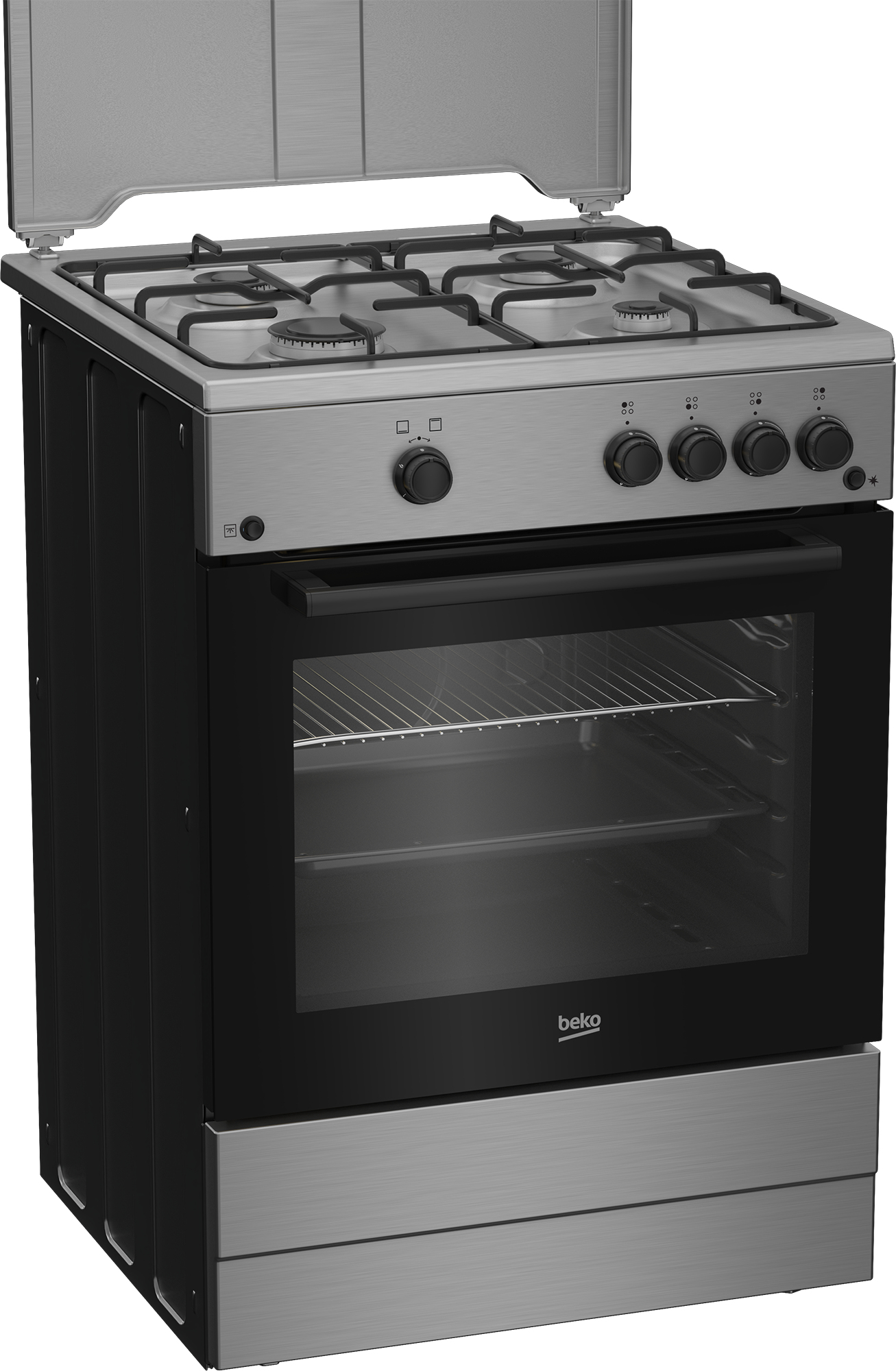 Un fornello a gas Beko in acciaio inossidabile con la porta del forno chiusa. Il piano cottura ha 4 fuochi e manopole. La cappa è alzata.